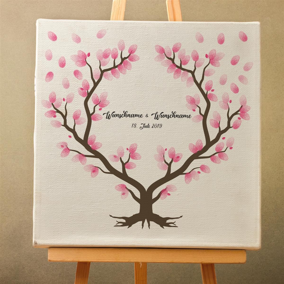 Madyes Płótno Ślub Odcisk palca Księga gości Spersonalizowane Drzewo Serce dla młodej pary jako prezent, dekoracja ślubna, imiona z datą. 50 x 50 cm rozmiar na blejtramie drewno