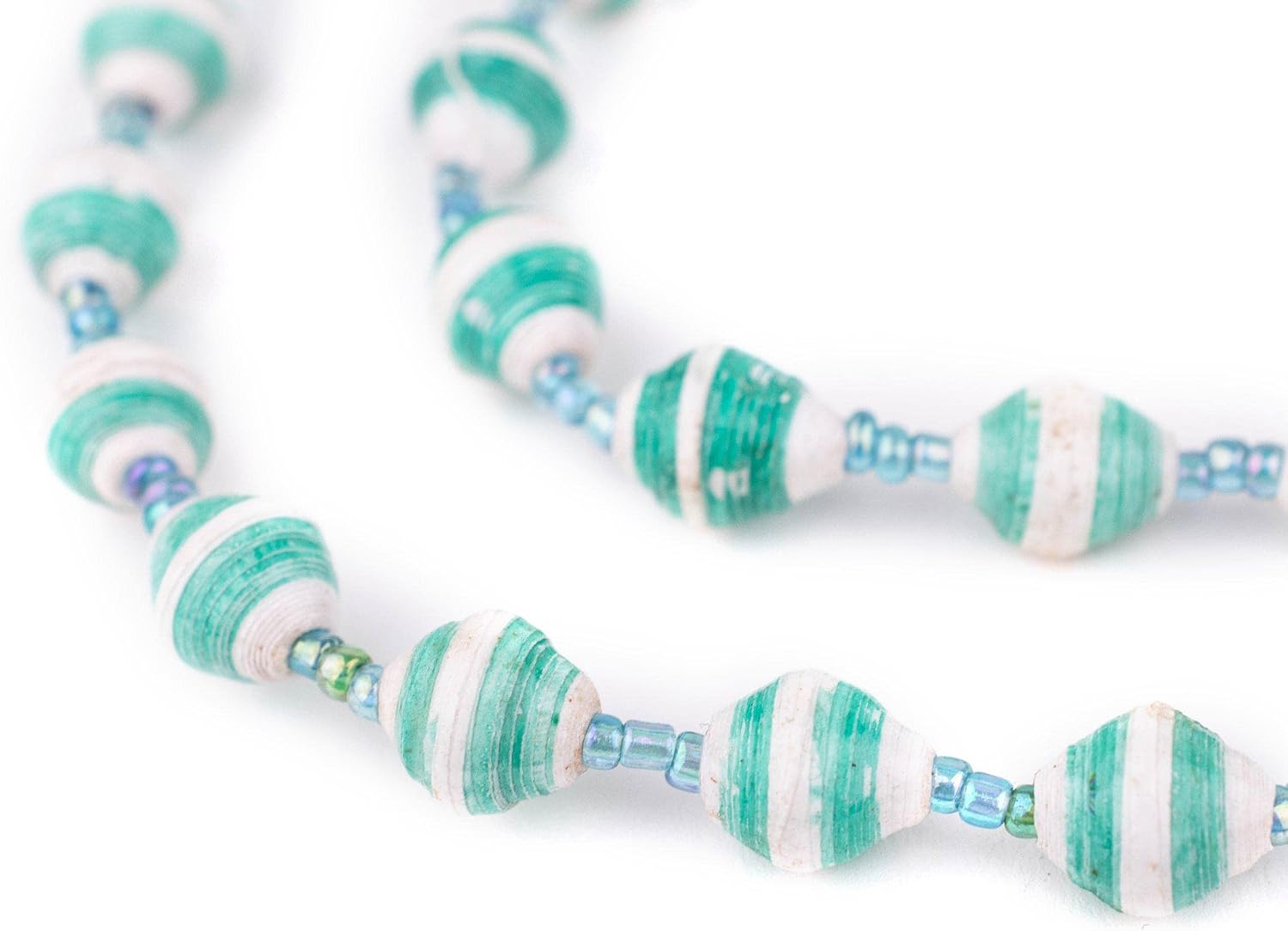 Recycled Paper Bead Necklace from Uganda - Fair Trade African Jewelry by The Bead Chest (Green and White)