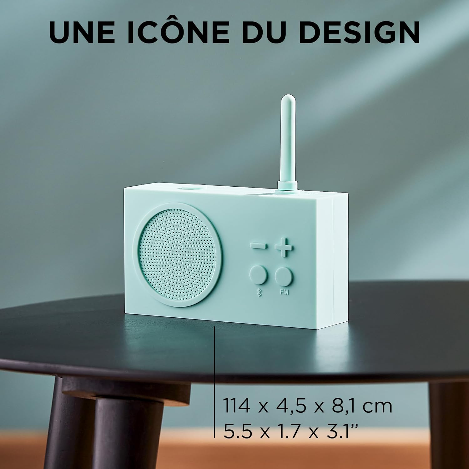 Lexon TYKHO 3 speaker in light blue with dimensions overlaid.