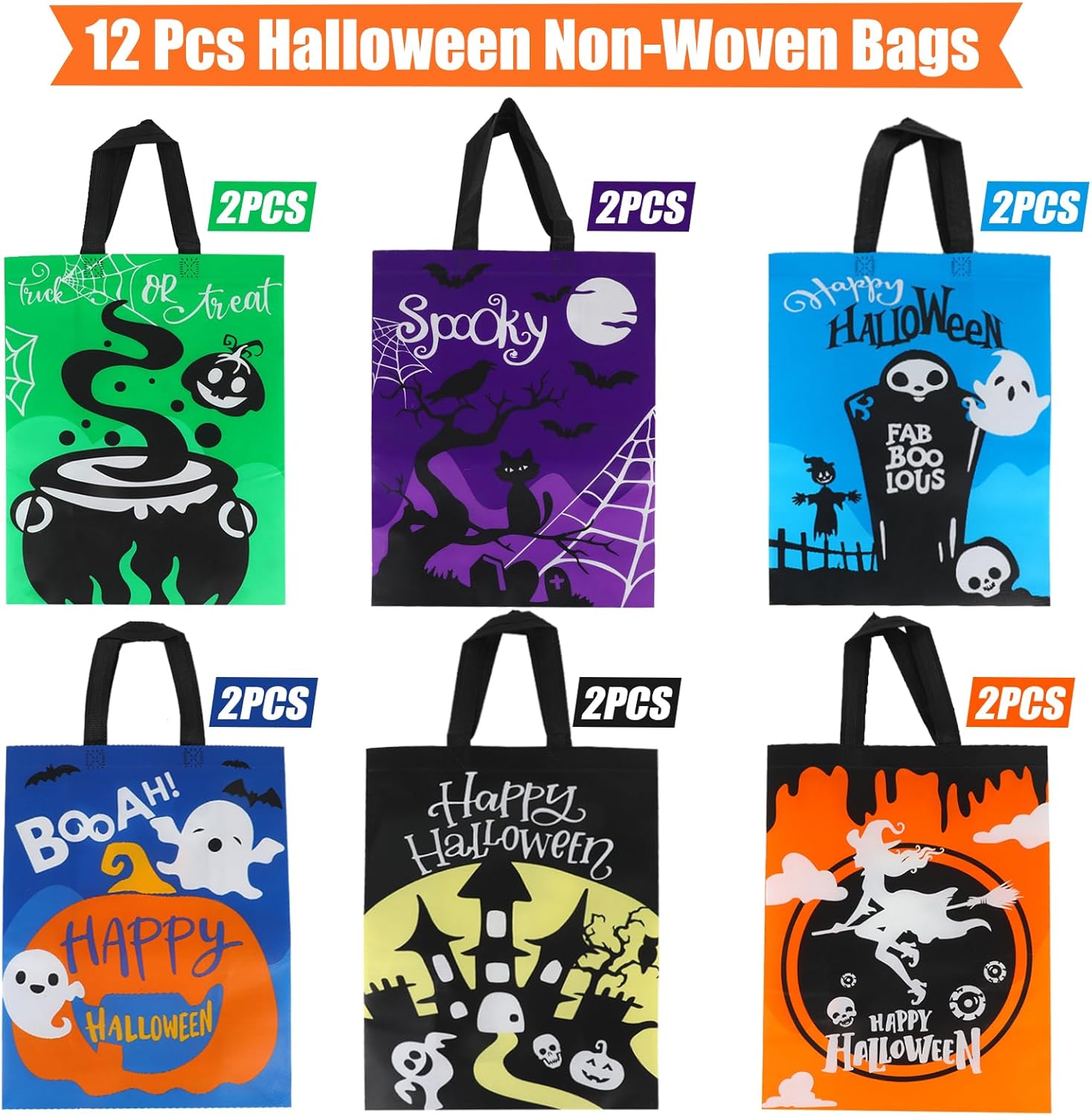 KIMOBER 12 Packs Halloween Non-Woven Trick or Treat Bags, Large Reusable Gift Tote With Handles, 6 Colors Goodie Bags for Party Supplies, 15.711.85.9" - Image 7