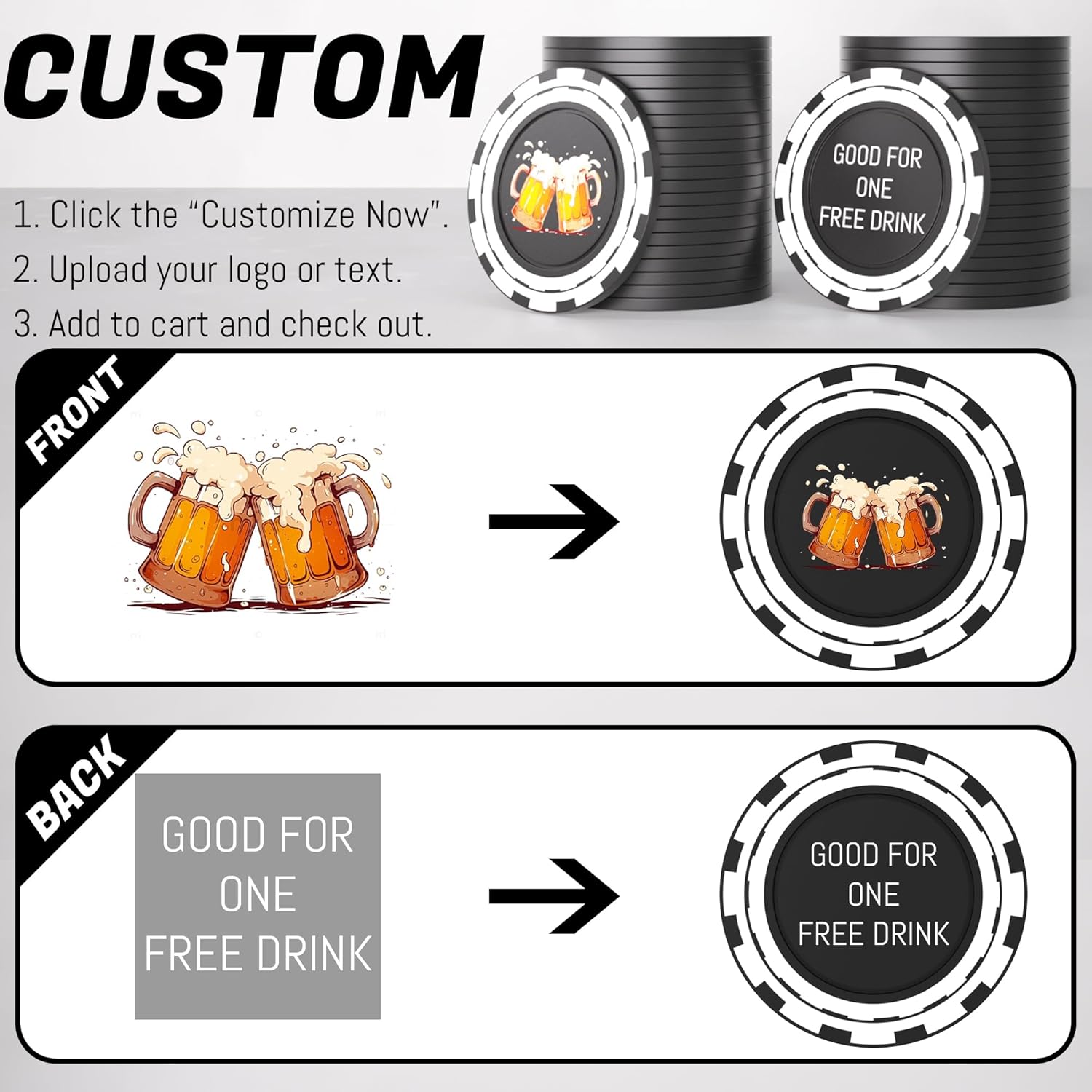 100 Custom Plastic Poker Chips, Personalized Tokens with Logo or Image, Double-Sided UV Printing, 8 Colors for Bar, Party, Corporate Gifts, and Events