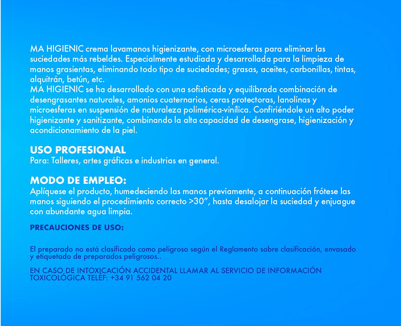 Crema lavamanos higienizante con microesferas. Perfumado MA HIGIENIC - Envase 4LT