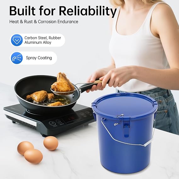 6 Gallon Fryer Grease Bucket,Oil Disposal Caddy Steel Fryer w/Rust-Proof Coating & Filter Bag,Oil Transport Container with Lid and Lock Clips for Hot Cooking Oil Filtering