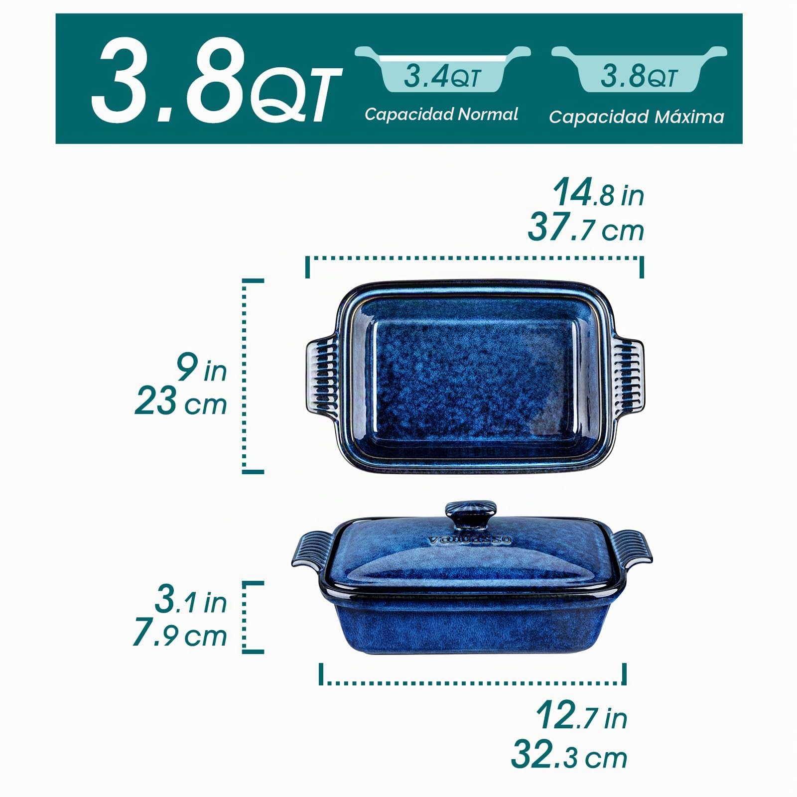 vancasso Fuente de Horno con Asas, 3350ML, Bandeja Horno con Tapas, Cazuelas Rectangular Grande de Gres para Lasañas, Guisos y Asados, Apta para Horno y Lavavajillas