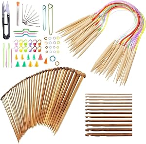 Bamboo Knitting Needles Set, 66-Pcs Circular & Single Pointed Kit | Great Variety of Sizes & Accessories; Smoothed Wood Material; Beginner Weaving DIY Supplies