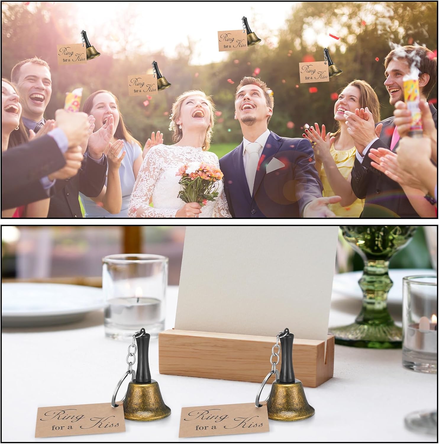 Lounsweer 24 Set Wedding Bells Bulk Ring for a Kiss with Tags Kissing Bells for Wedding Reception Decorations Goodies Bags Party Supplies