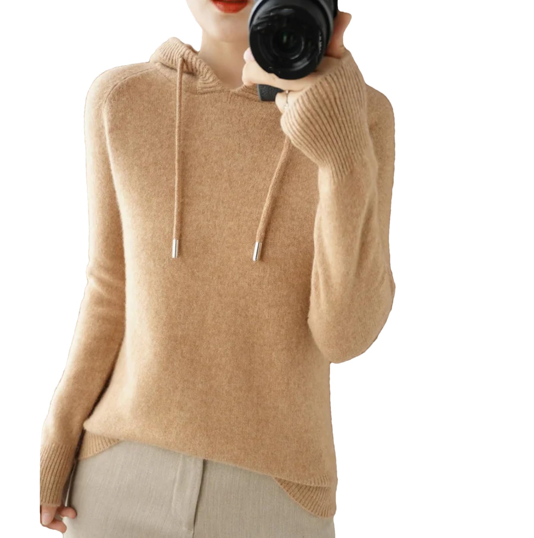 Yeuyyben Maglione invernale con cappuccio da donna maglione in cashmere con cappuccio caldo allentato maglione in cashmere con cappuccio da donna, Marrone Dorato Grigio, L