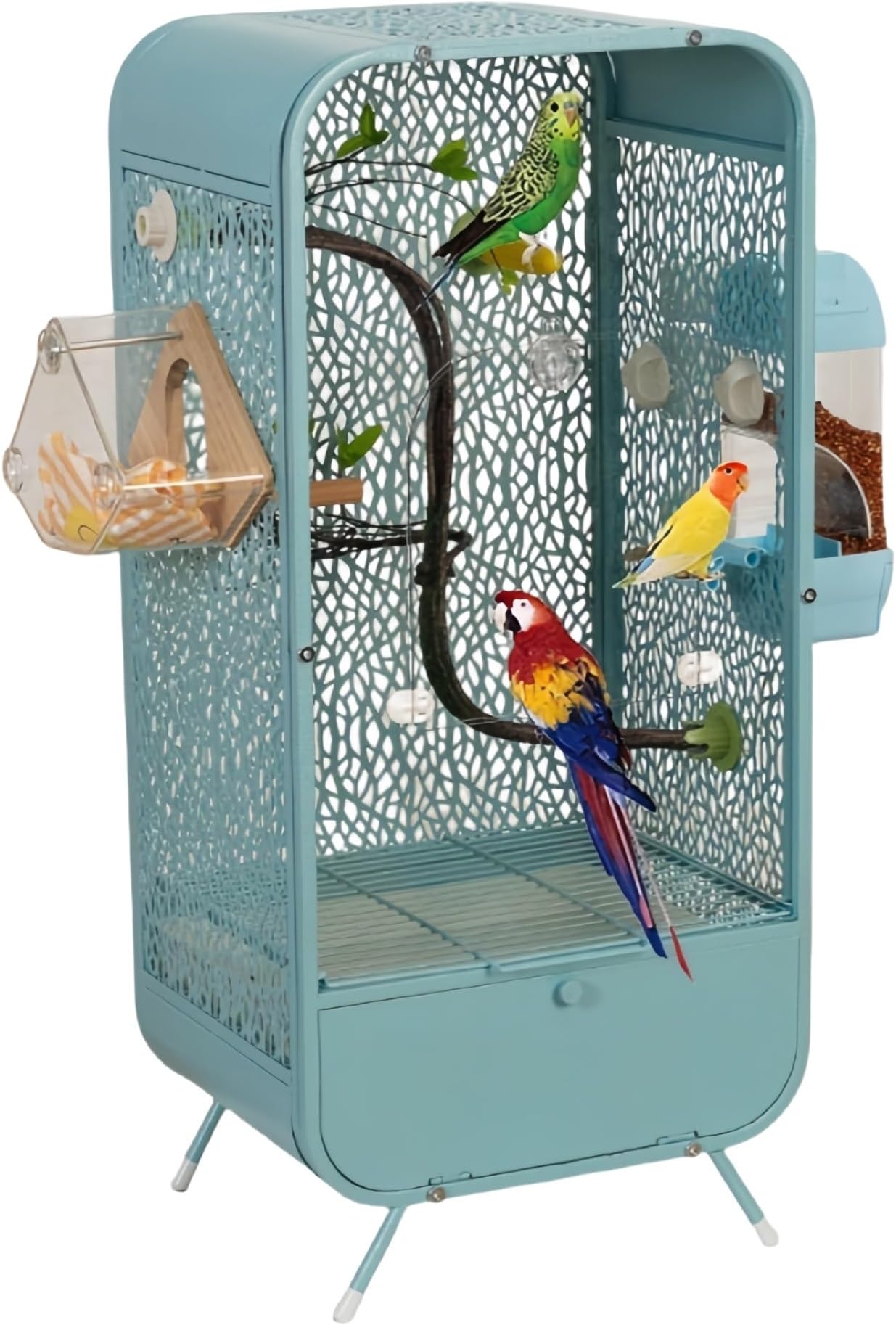 30 Inch Wrought Iron Bird Cage with Stand, Open Top Indoor Parrot Cages with Play and Breeding Box for Small Parrots Parakeets Cockatiels Budgies Conures(Blue)