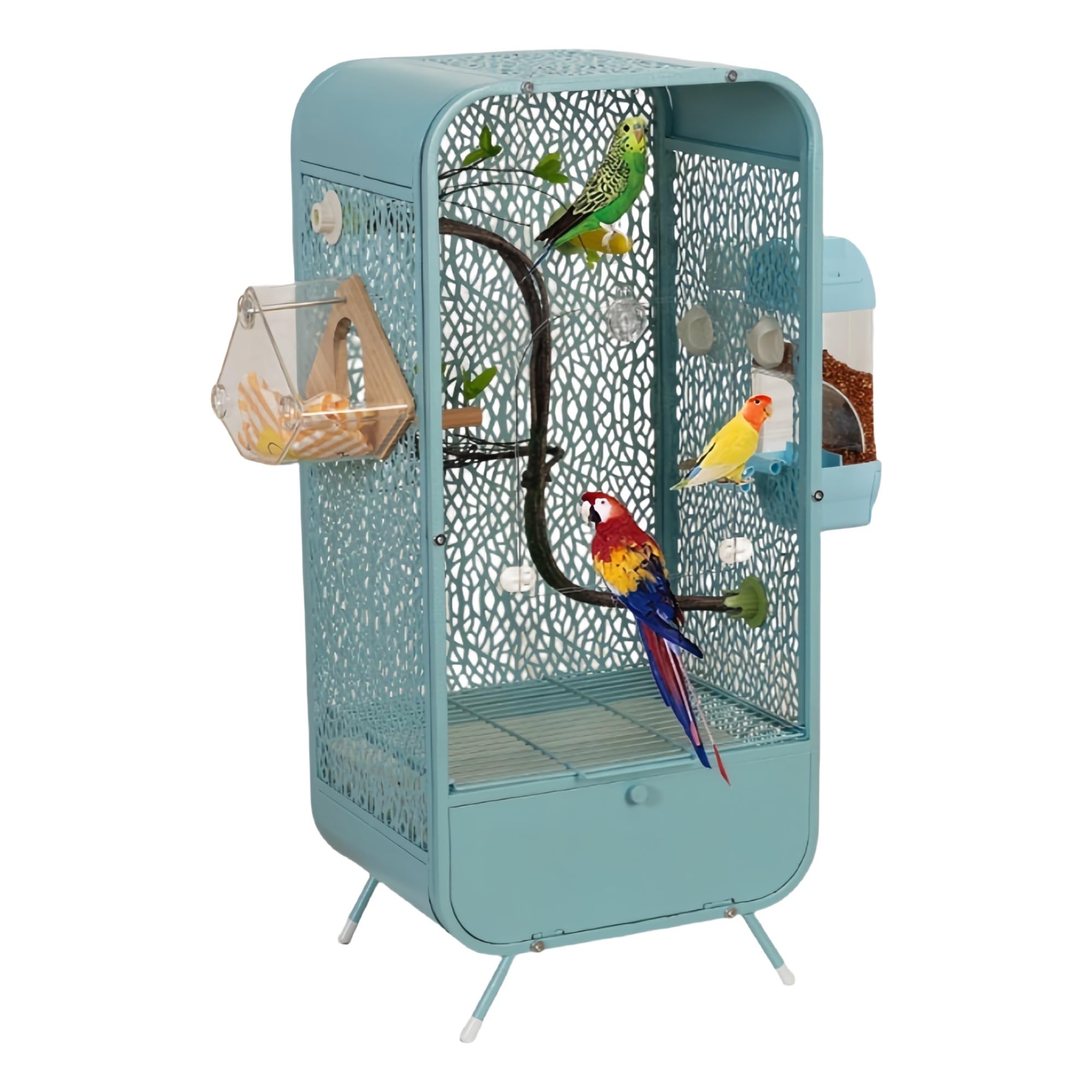 30 Inch Wrought Iron Bird Cage with Stand, Open Top Indoor Parrot Cages with Play and Breeding Box for Small Parrots Parakeets Cockatiels Budgies Conures(Blue)