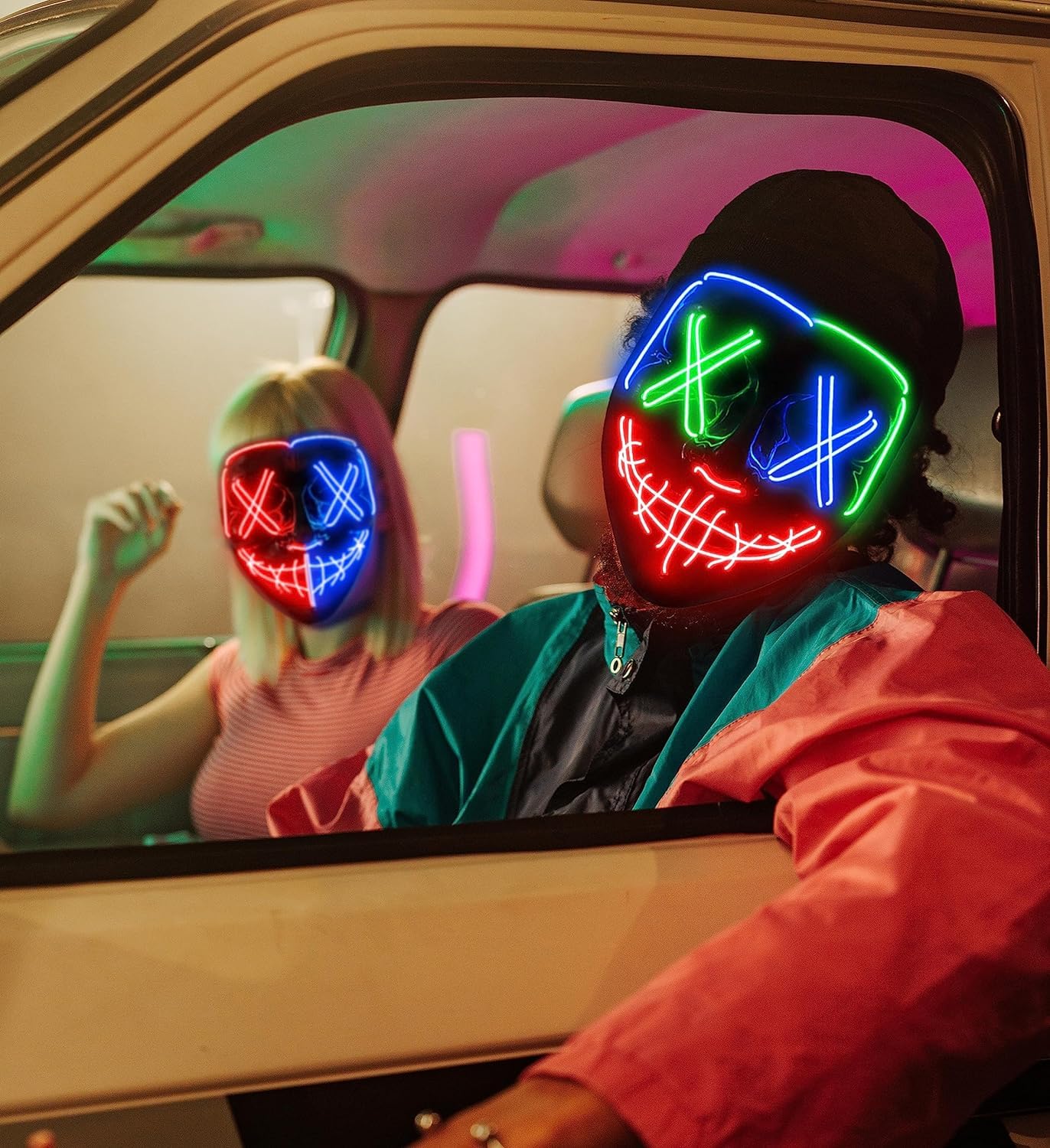 AnanBros - Maschera per Halloween, con luci a LED, maschera, per Halloween, 3 modalità di illuminazione, per cosplay e feste