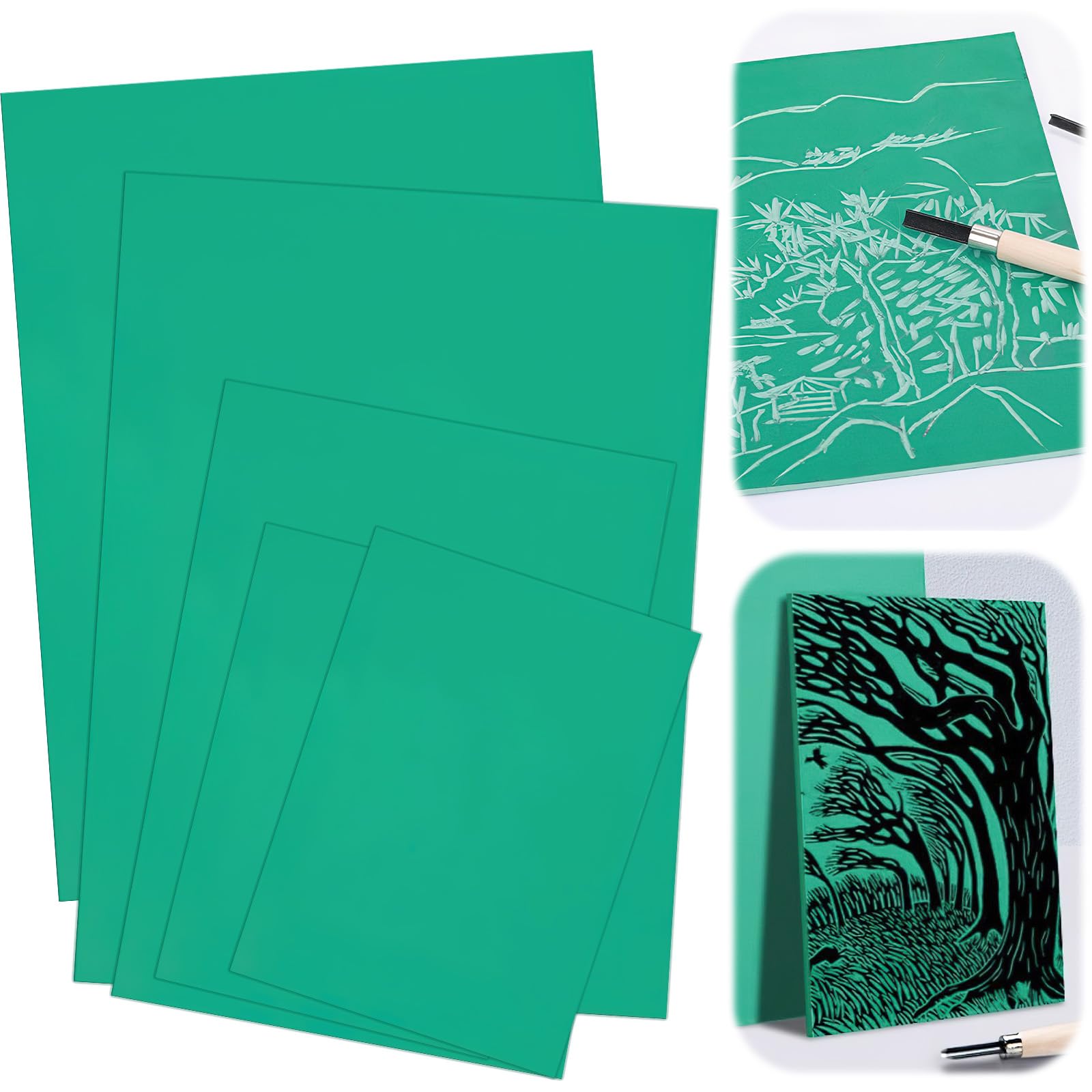 Hlimior Pack of 5 Soft Rubber Lino Printing Plates for Engraving, Green Flat Surface Linocut Set for Rubber Stamps, Crafts and Printing Projects (2A4+A5+2A6)
