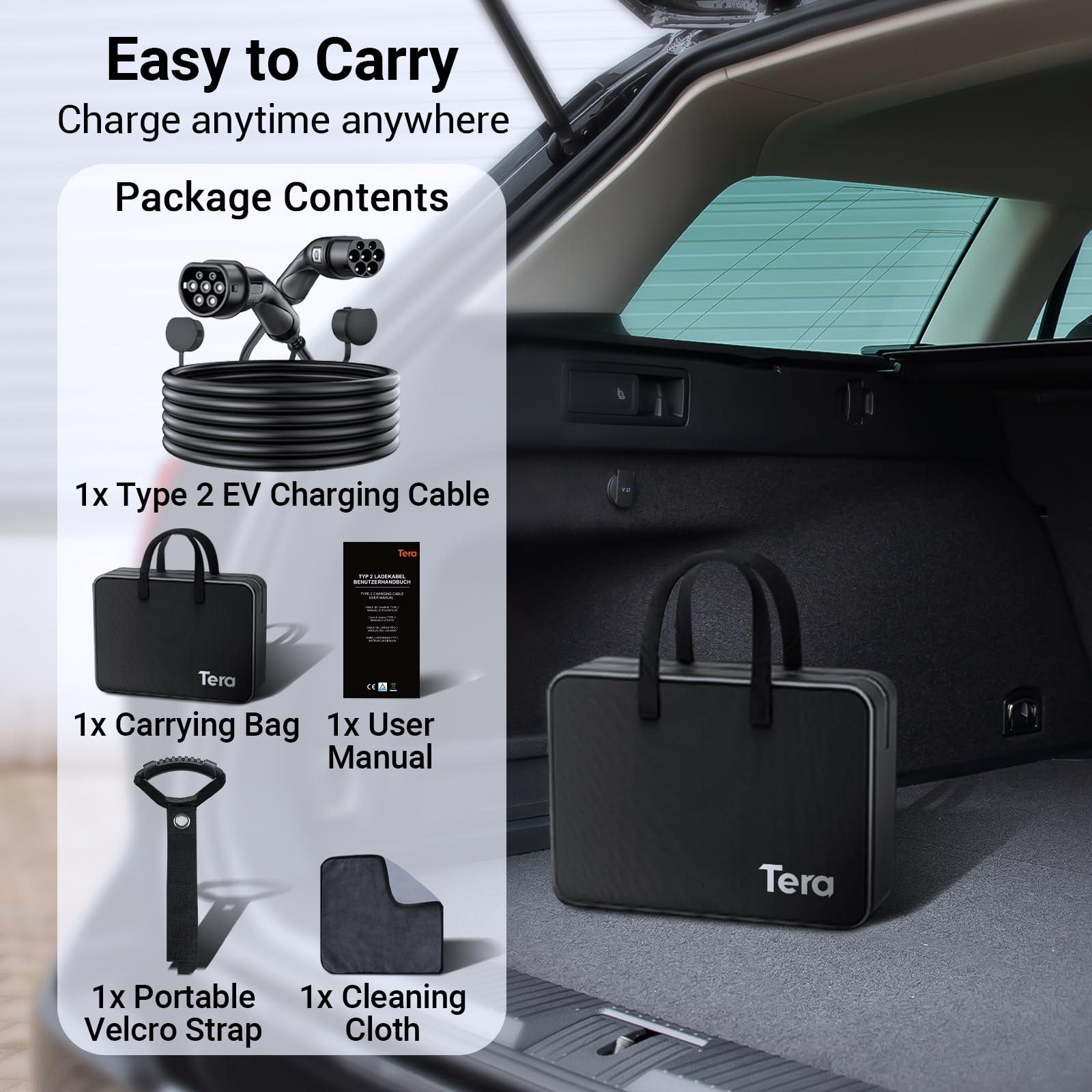 Tera EV Ladekabel Typ 2: 22KW 32A 7Meter 3-Phasen Typ 2 zu Typ 2 Mennekes IP55 Schnellladen Ladekabel Elektroauto Typ 2 für E-Auto EV/PHEV Deutsche Bedienungsanleitung DC-32A-7 Schwarz