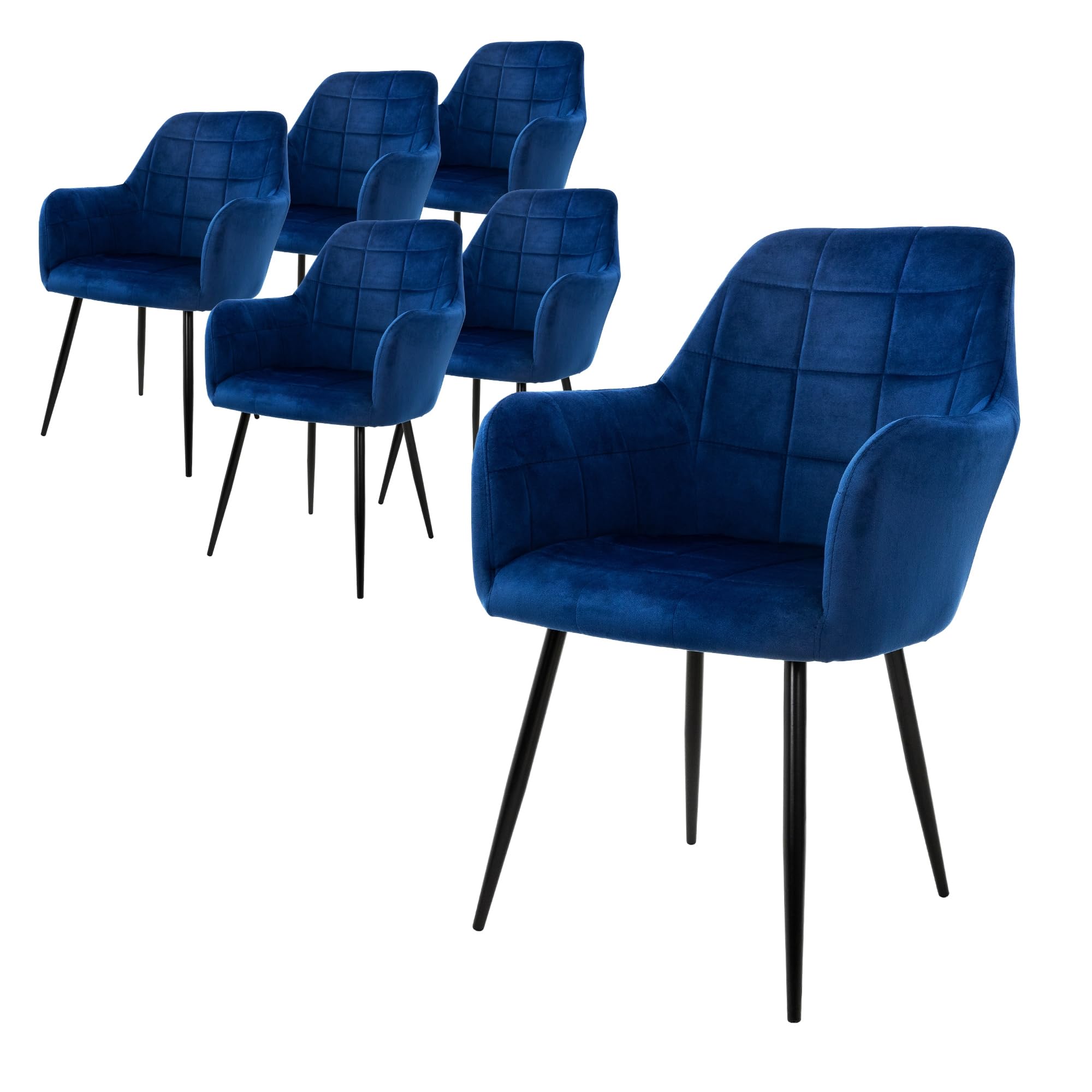 ECD Germany Juego de 6 Sillas de Comedor con Respaldo y Reposabrazos Azul Oscuro Asiento de Terciopelo Tapizado Sillón con Patas de Metal Negro Muebles Decorativos Diseño Moderno Ideales para el Hogar