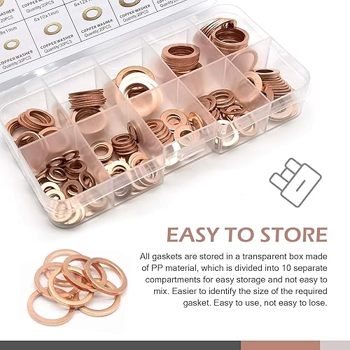 Miniatura 5 de lekiliky Juego surtido de 200 arandelas métricas de cobre, 9 tamaños de tapón de drenaje de aceite, surtido de arandelas aplastantes, junta de
