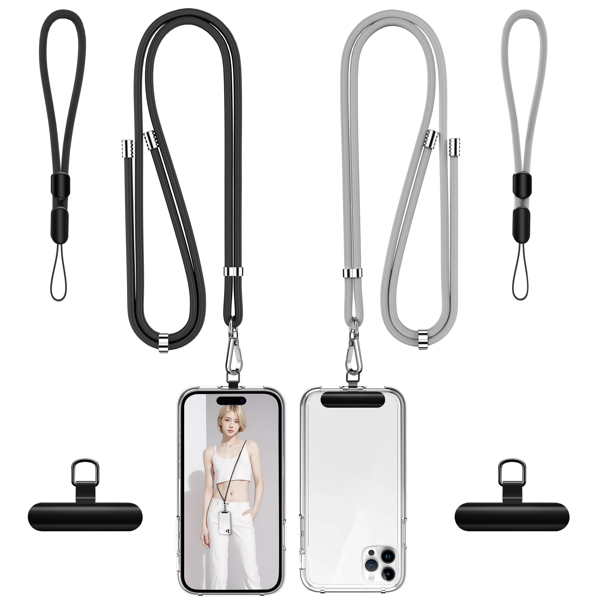 takyu Phone Lanyard, 2 Pack Adjustable CellPhone Lanyard Crossbody Neck Strap &amp; 2 Pack Wrist Strap &amp; 2 Pcs Metal Tether Tabs Compatible for iPhone Android Smartphones