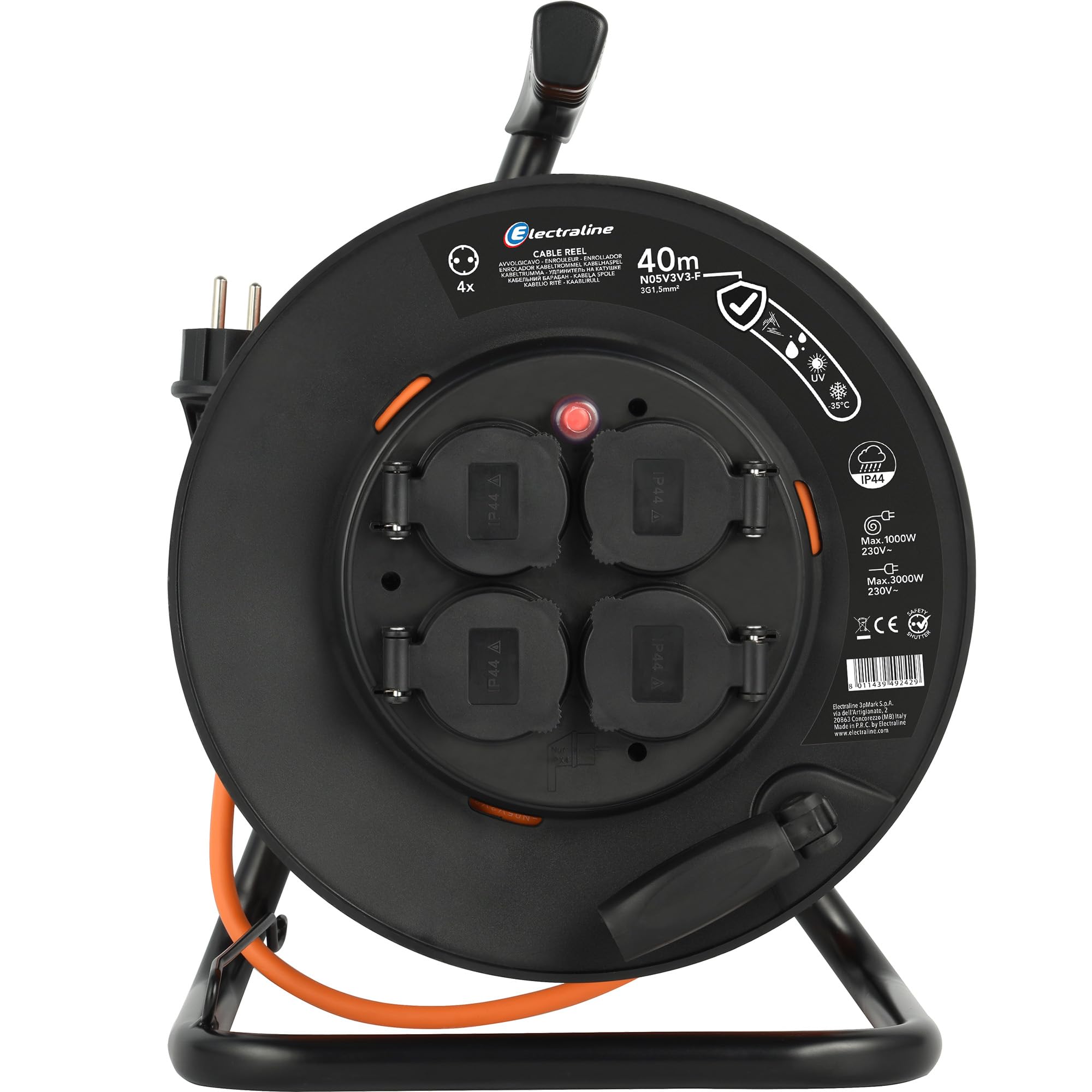 Electraline 49242 IP44 Enrouleur de câble, 40 m, câble d'extérieur spécial N05V3V3-F 3G1.5, utilisable jusqu'à -35 °C, résistant à l'huile et aux UV et en outre, extrêmement résistant à l'abrasion