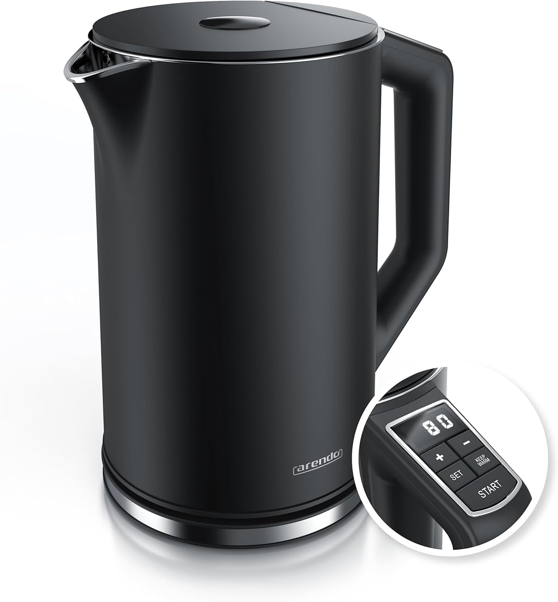 Arendo - Edelstahl Wasserkocher mit Temperatureinstellung 40-100 Grad in 5er Schritten - Doppelwand Design - Modell ELEGANT - 1,5 Liter - 2200 W - Teekocher mit Temperaturanzeige - GS - Schwarz