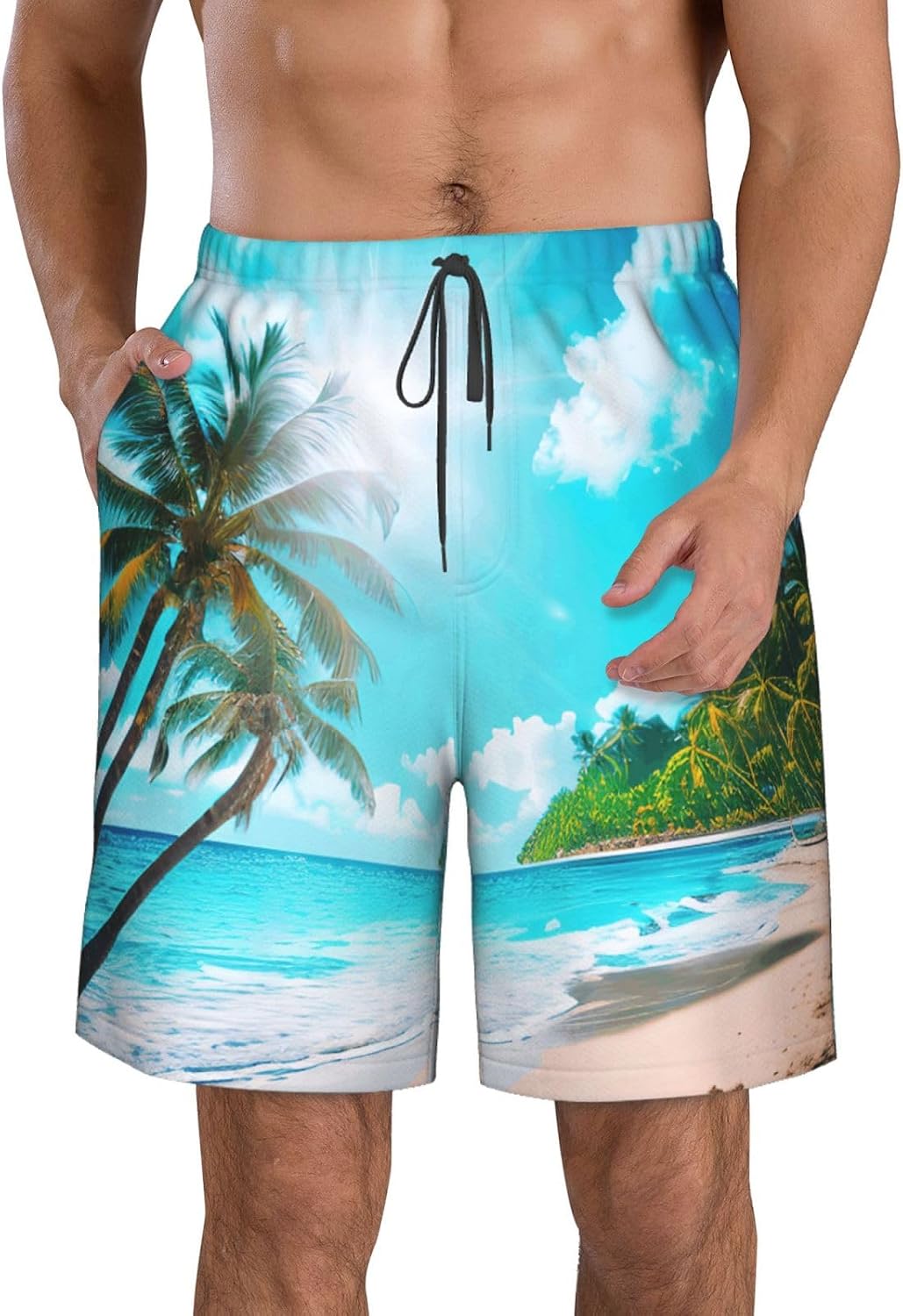 Tropical Ocean Beach Theme Print Mens Casual Shorts Drawstring Summer Beach Stretch Shorts Novelty Swimtrunks