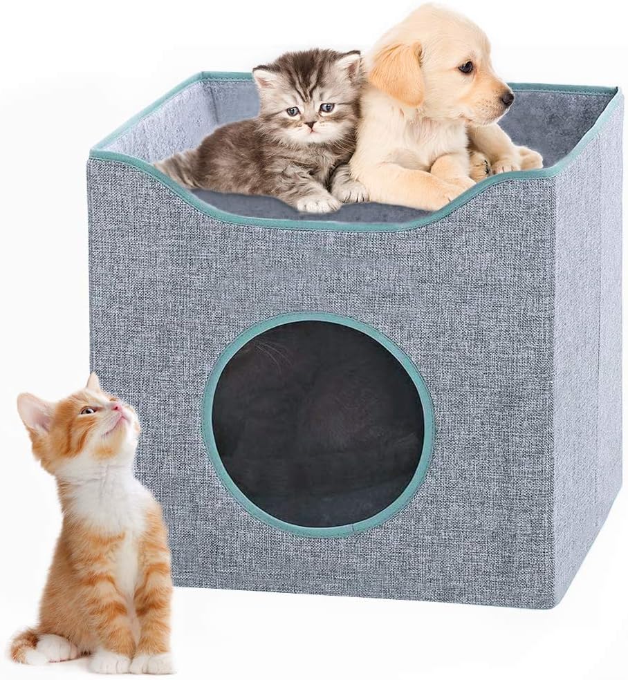 WITUSE Foldable Cat Condo, Cat Cube House for Indoor Cats, Cat Hiding Place, Cat Sleeping Bed with Lying Surface and 2 Reversible Cushions, Cat Cave, Scratch Resistant, 15.35x15.35x14.17 inches, Grey