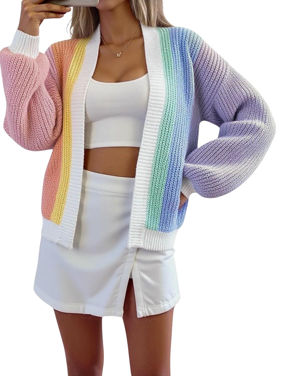 SEGT Womens Chunky Knit Open Front Color Block Long Sleeve Loose Short Cropped Cardigan Sweaters