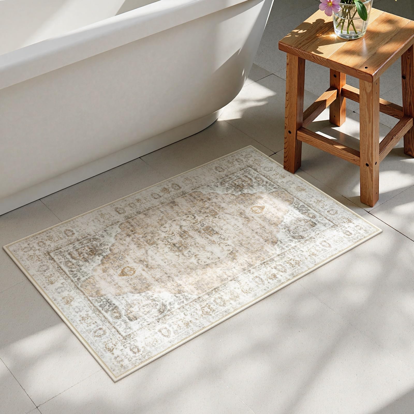 Uphome Boho Bathroom Rugs Distressed Farmhouse Light Khaki Bath Mat