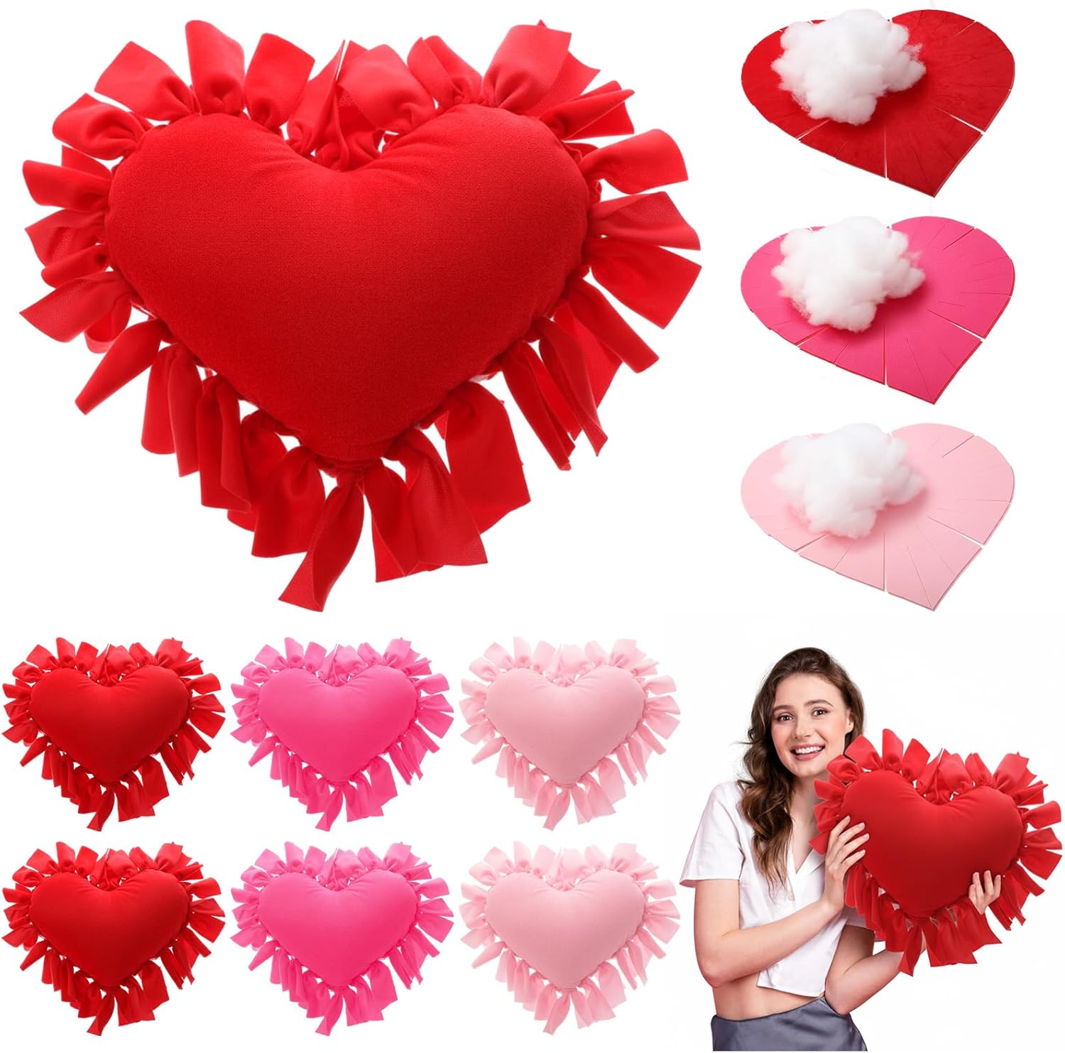 Weysat 6 Sets Valentine's Day Heart Tied Pillow Craft Kit DIY Heart Pillow Craft Gifts with PP Cotton for Valentine's Day Party Decor VBS School Favors Classroom Giveaways