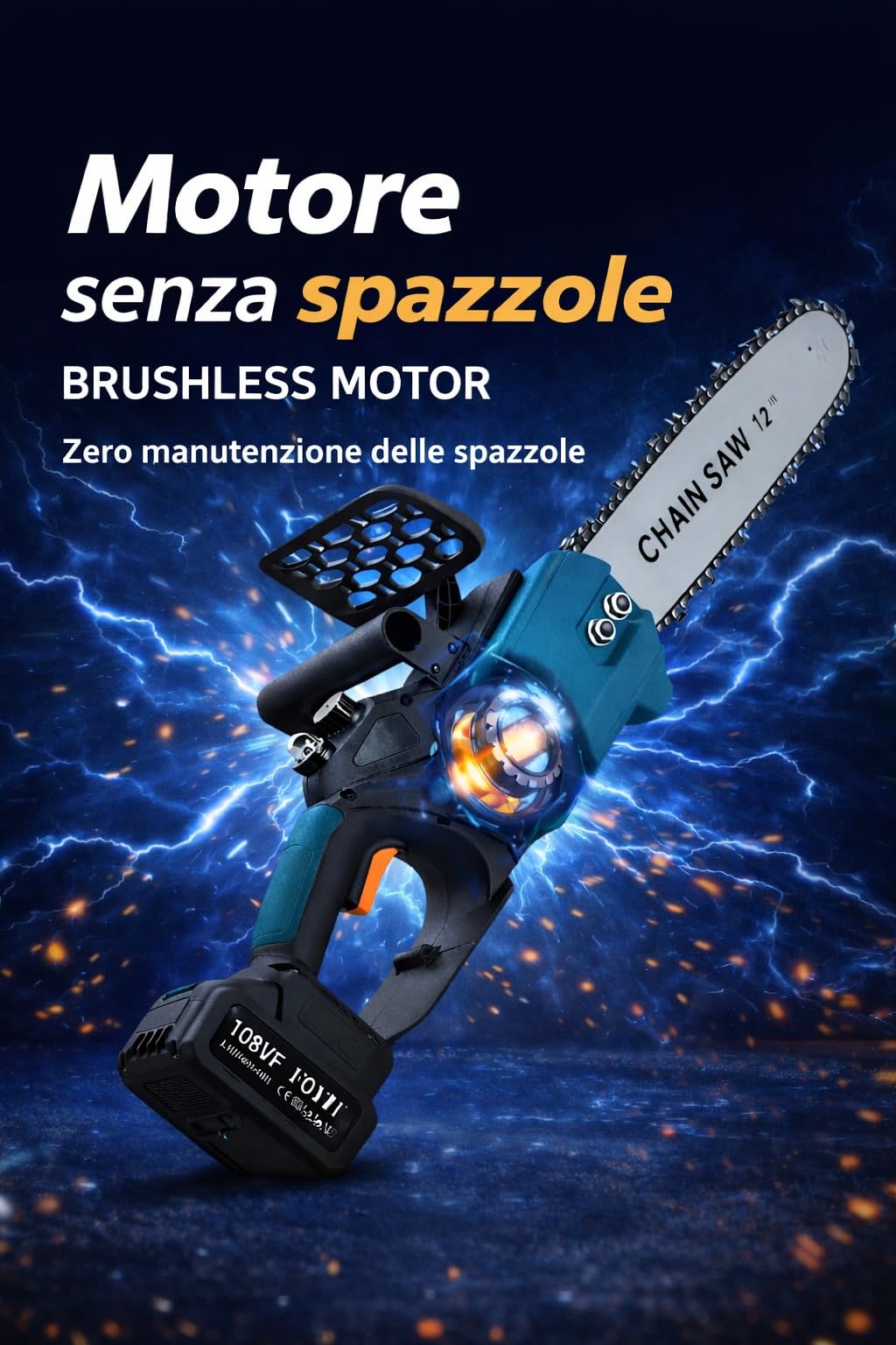 Motosega a Batteria 12 Pollici, 400W Motosega Elettrica, GARANZIA 2 ANNI, Sistema Oliatore, Motore Brushless, 2x1500mAh Batterie, 2 Batterie da 108V, Barra da 30CM, Potatura e Taglio del Legno