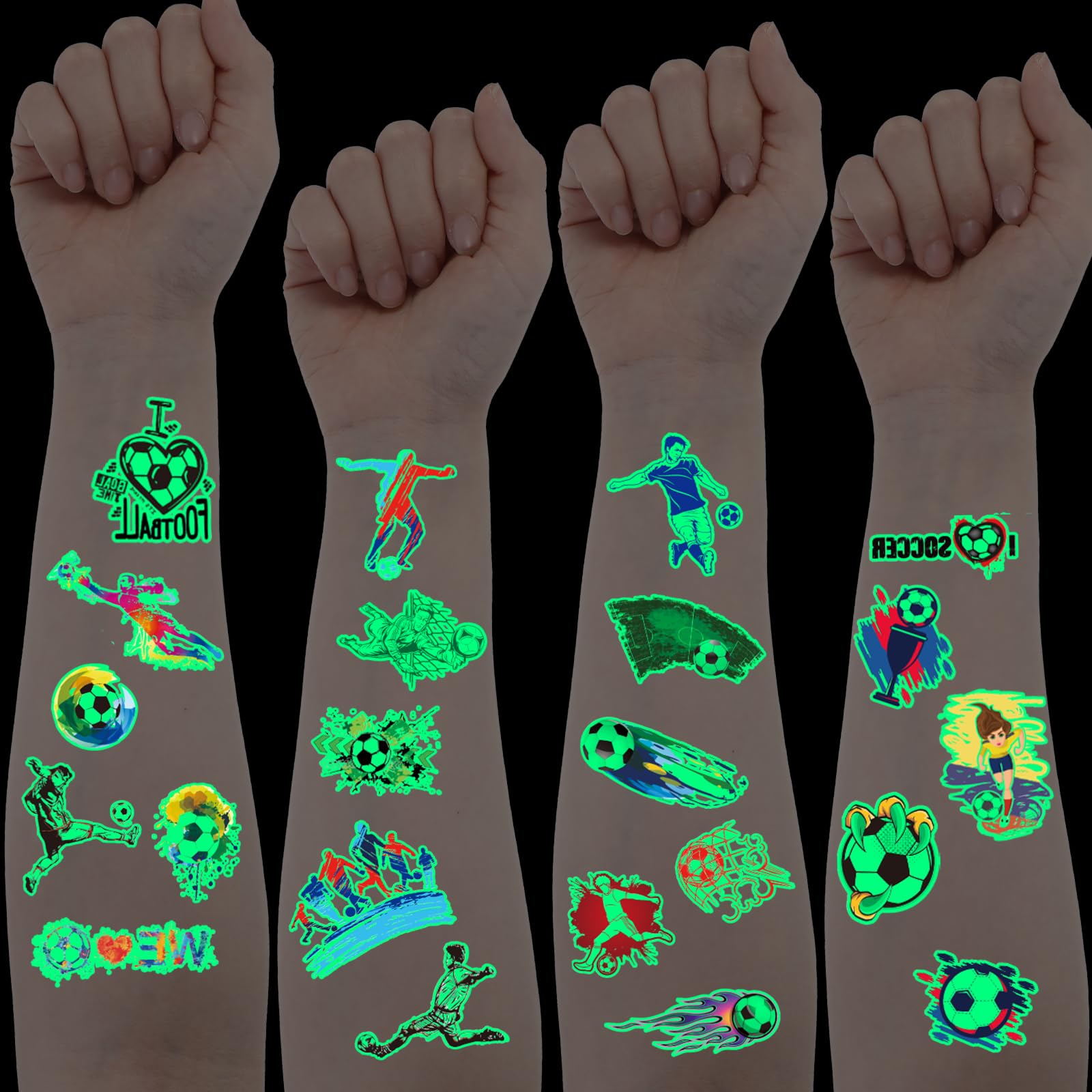 10 Sheets Soccer Temporary Tattoos Sticker, Glow In The Dark Soccer Temporary Tattoos Fake Tattoo Stickers for Football Birthday Party Decorations, Goodie Bags Stuffers(Style A)