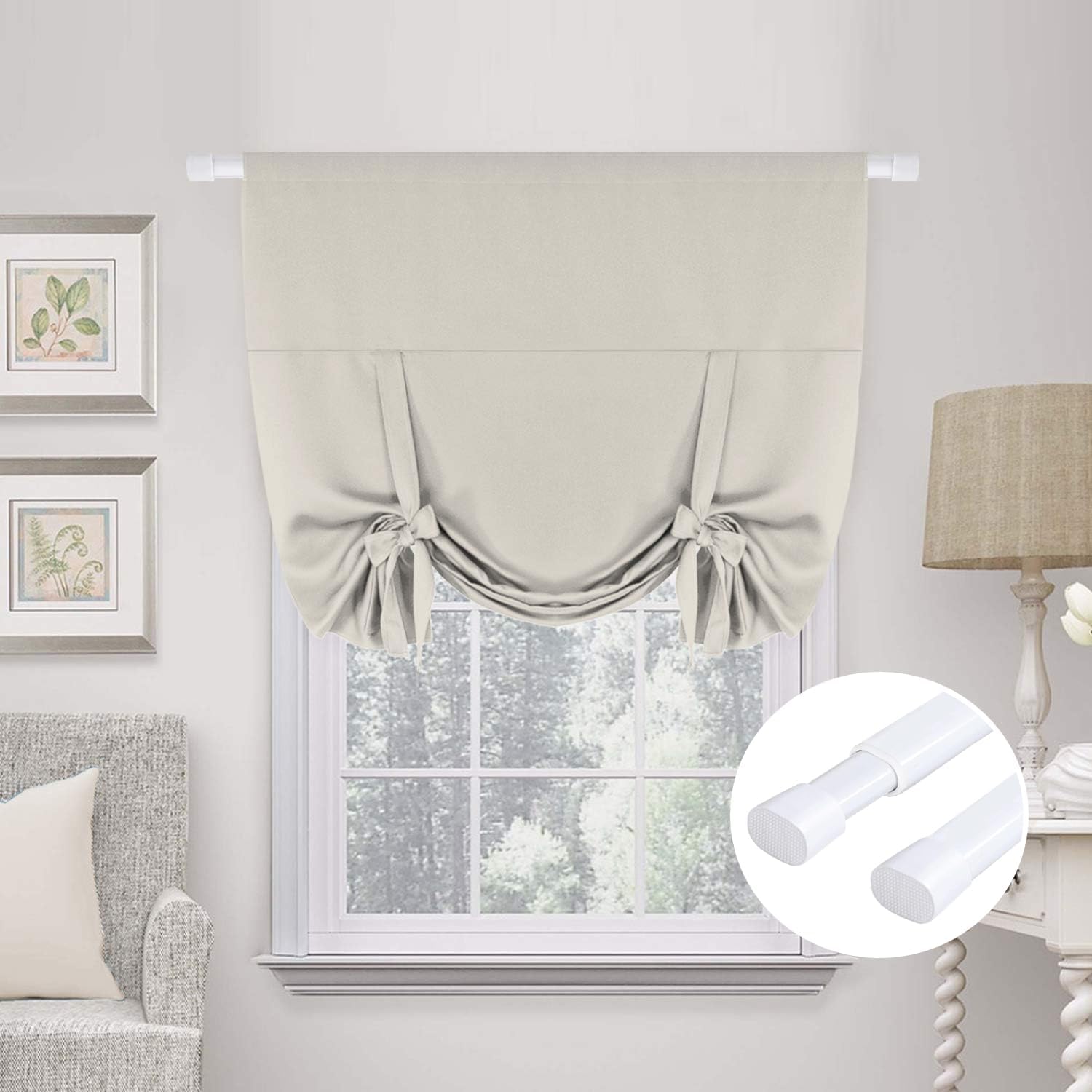 Ivory Curtain Thermal Insulated Tie Up Window Shade 42 inches Bundle 2 Pack Spring Tension Curtain Rods 36-60 Inch