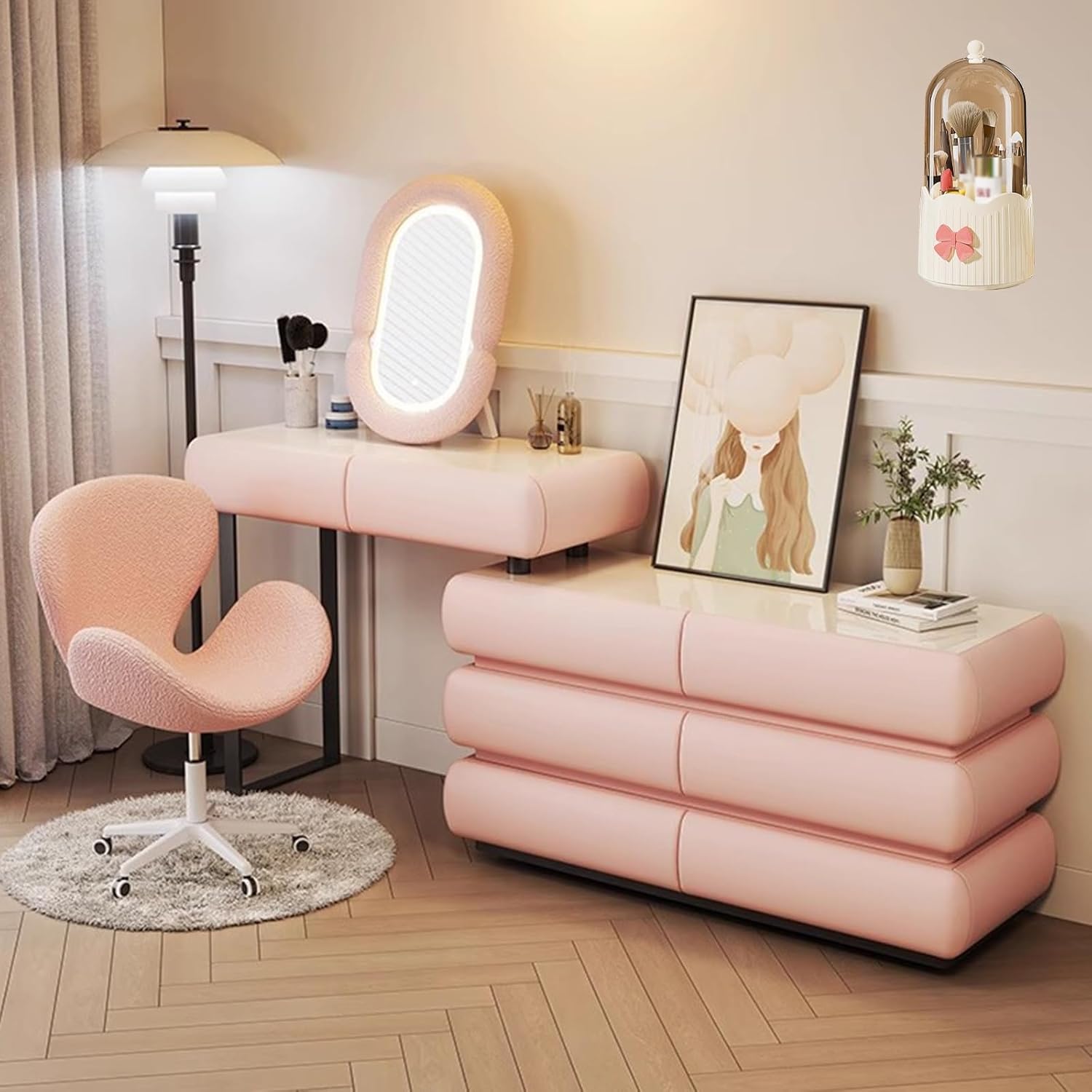 Vanity Desk with Mirror,Telescopic Dresser with 8 Drawers and 1Chair,3 Lighting Modes,Makeup Vanity Table Lots Storage,Gifts for Girls(A,Pink_100CM)