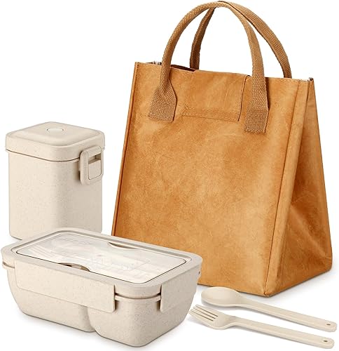 Hushee Lonchera aislada con asa, recipientes de almuerzo de paja de trigo con 2 compartimentos, lonchera Bento y taza de sopa, reutilizable, color