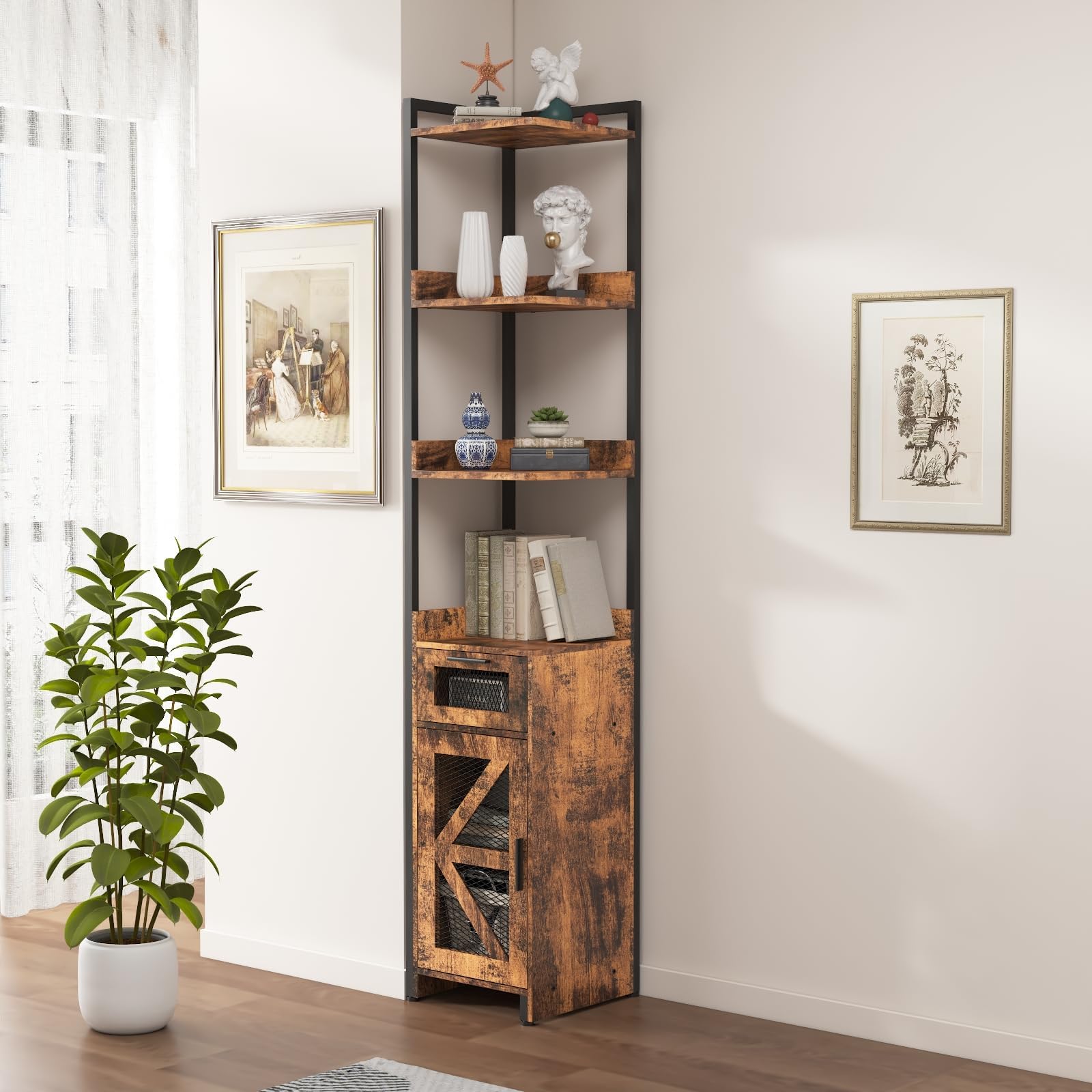LDTTCUK Corner Cabinet, 7-Tier Corner Shelf with Drawer, 72" Tall Corner Bookshelf Corner Display Storage Cabinet for Living Room, Bedroom, Office, Small Space, Rustic Brown