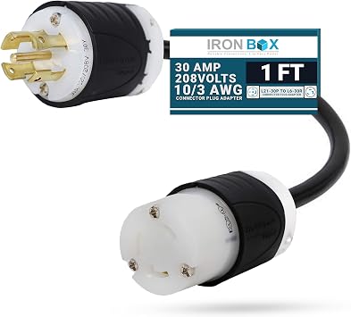 IronBox Electric - Heavy-Duty L21-30P to L6-30R Connector Plug Adapter - 10/3 AWG - 30 Amps and 208V Rated - Reliable Power Solution for Generators, Transfer Switches, and Industrial Equipment1 foot