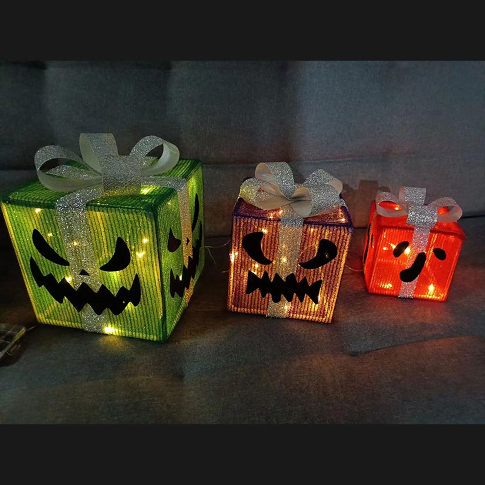 Halloween Beleuchtete Geschenkboxen, 3-teiliges Set, Glitzernde Paketlichter mit 50 LED, 8 Modi, ideal für Kamin, Zimmer, Fenster, Veranda Dekor