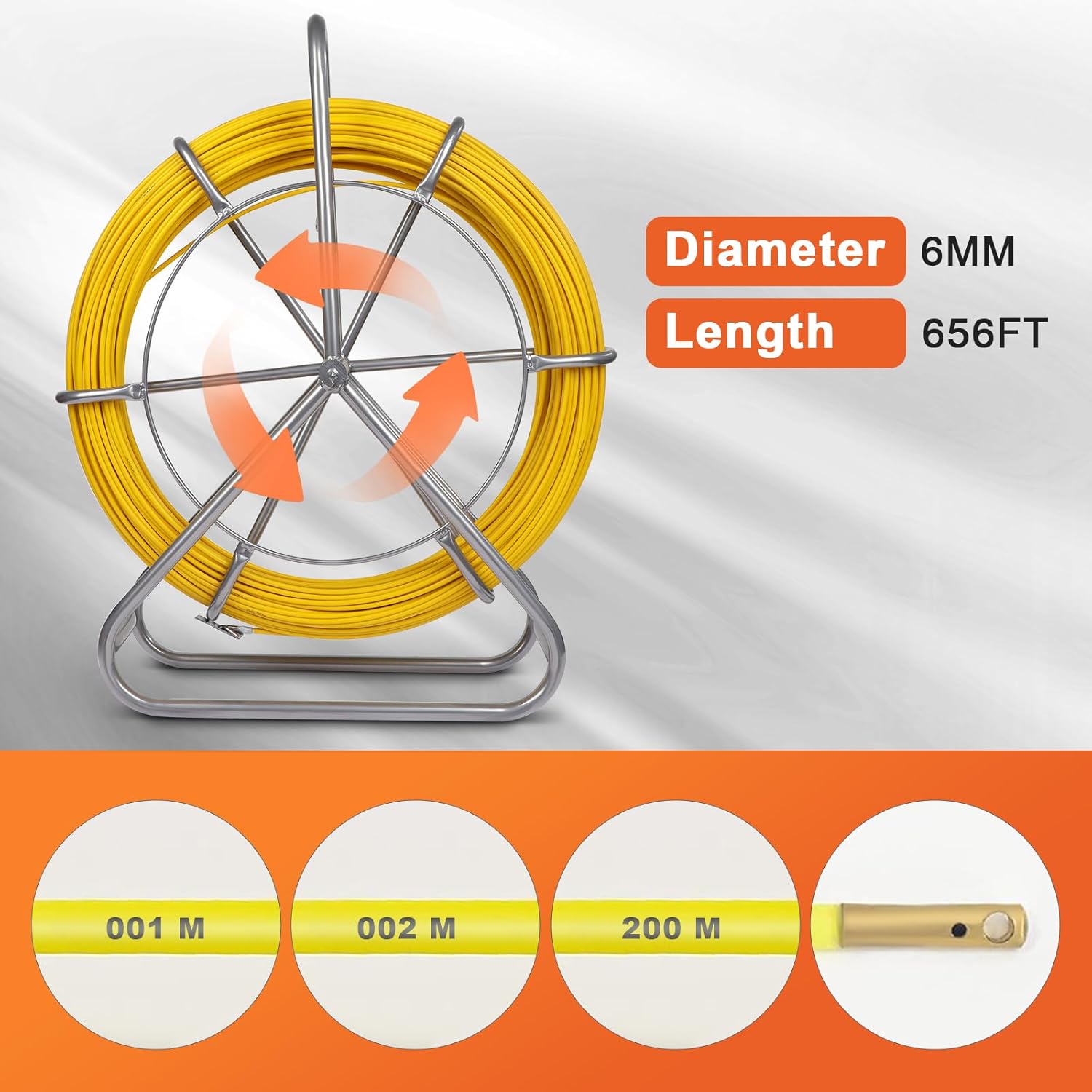 FAHKNS 656FT Fish Tape Fiberglass 1/4 inch(6MM) Fishing Wire Puller Duct Rodder Cable Running Electrical Fishtape Tool Rod with Steel Reel Stand Through Wall Pipe Length Marking in Meter