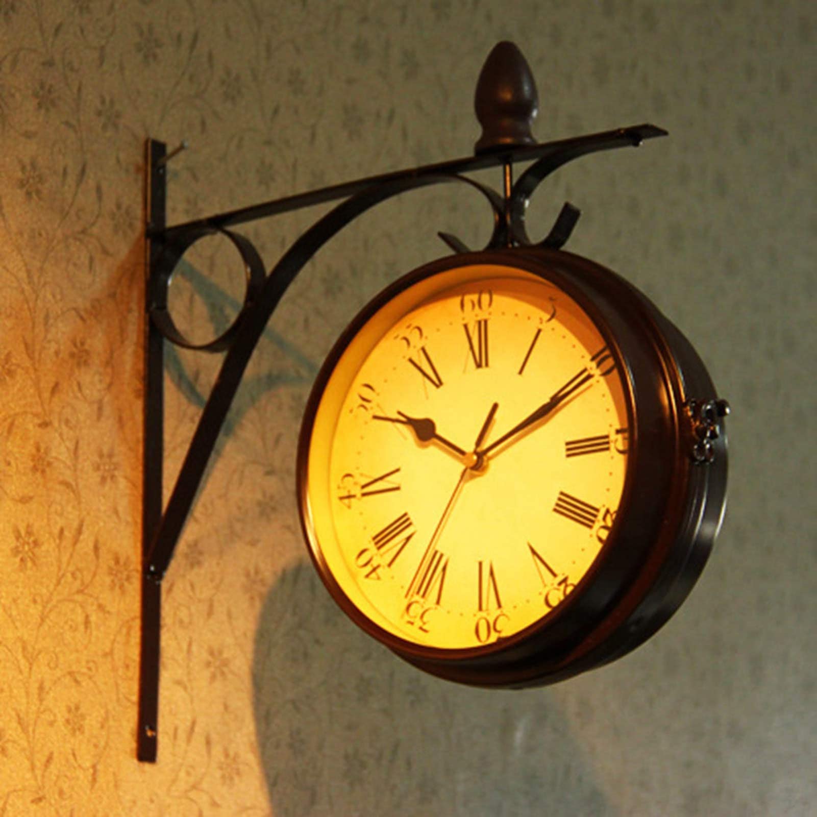 Retro Double Sided Industrial Wall Clock - Weatherproof Train Station Clock for Outdoor Garden - Hanging Vintage Wall Clock with Bracket - Battery Operated Decorative Clock