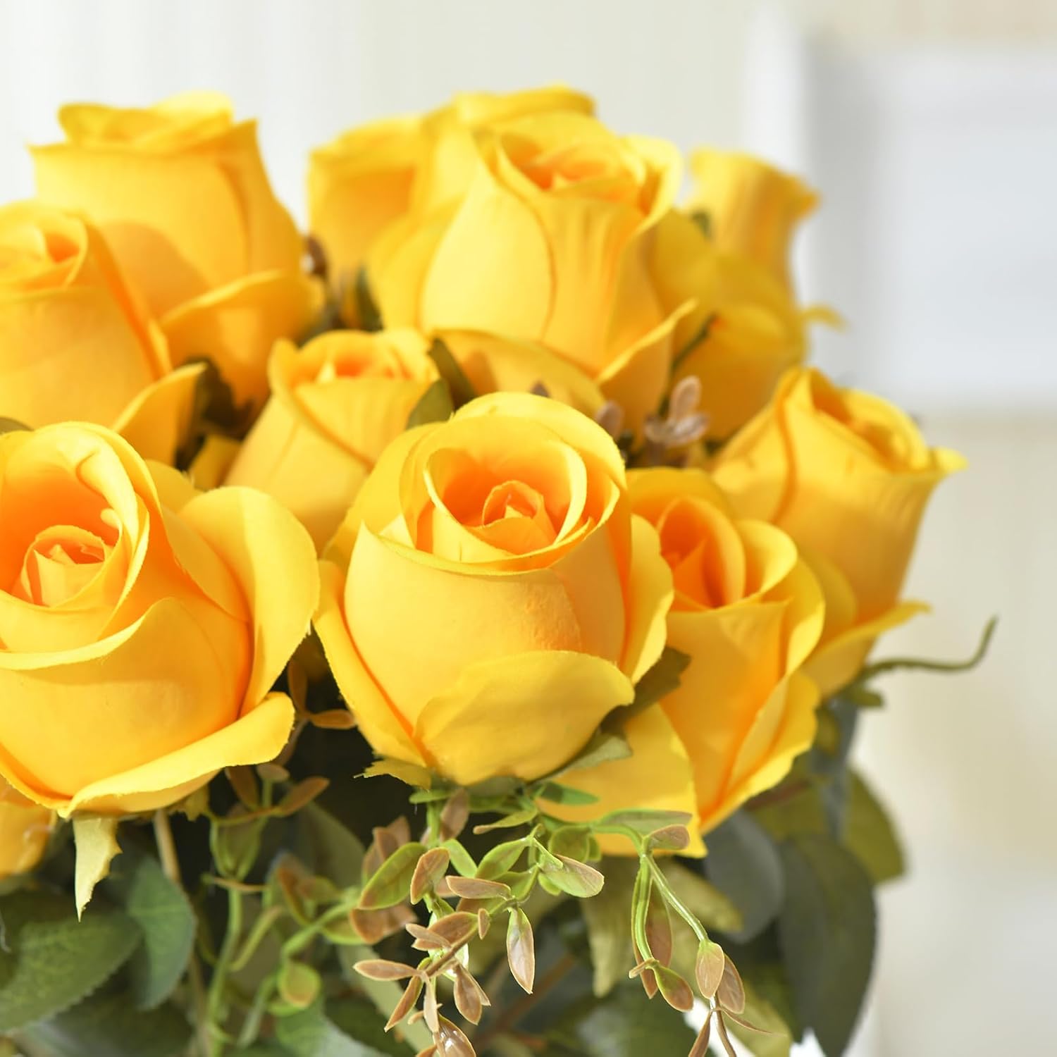 FlueHouzz Artificial Roses Flowers Fake Silk Rose Bouquet 12 Heads 2 Packs of Realistic Blossom Roses for Home Wedding Party Floral Decoration Table Centerpieces, Yellow - Image 7