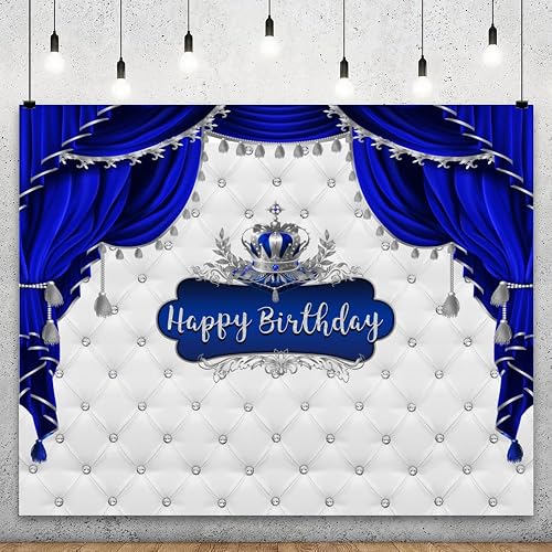YongFoto Royal Blue Happy Birthday Backdrop 10x5ft Headboard Sofa Texture Silver
