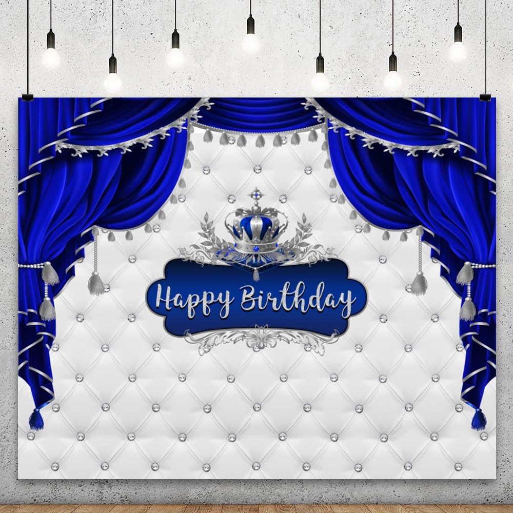 YongFoto Royal Blue Happy Birthday Backdrop 5x3ft Headboard Sofa Texture Silver Crown Blue Curtain Photography Background Boy Girl Birthday Party Baby