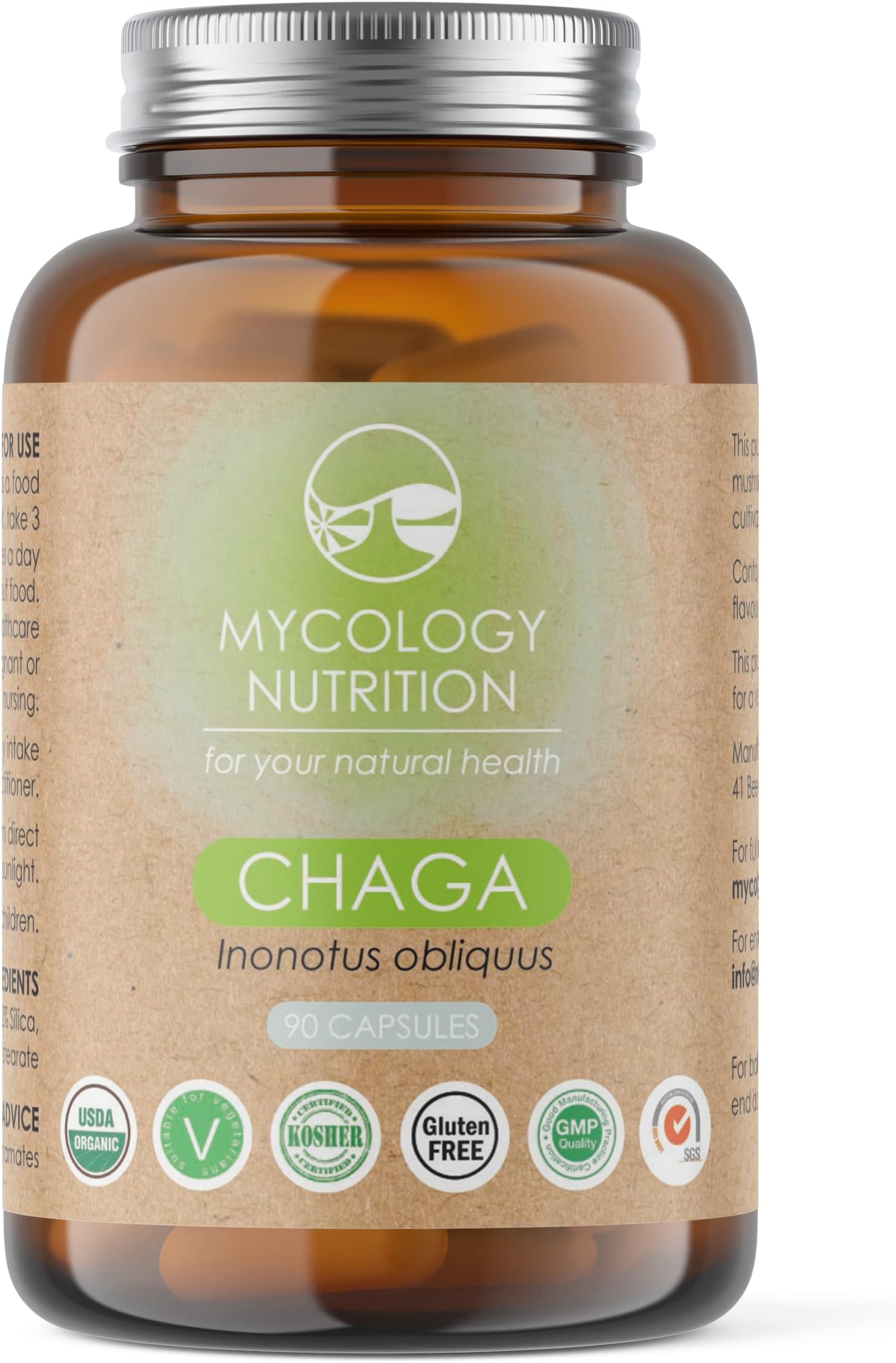 Chaga Mushroom Nutrition Capsules | Mycology Nutrition | 100% Organic & Pure | Wholefood Product for Digestibility | Gluten-Free, Vegan & GMP Certified | 90 Capsules