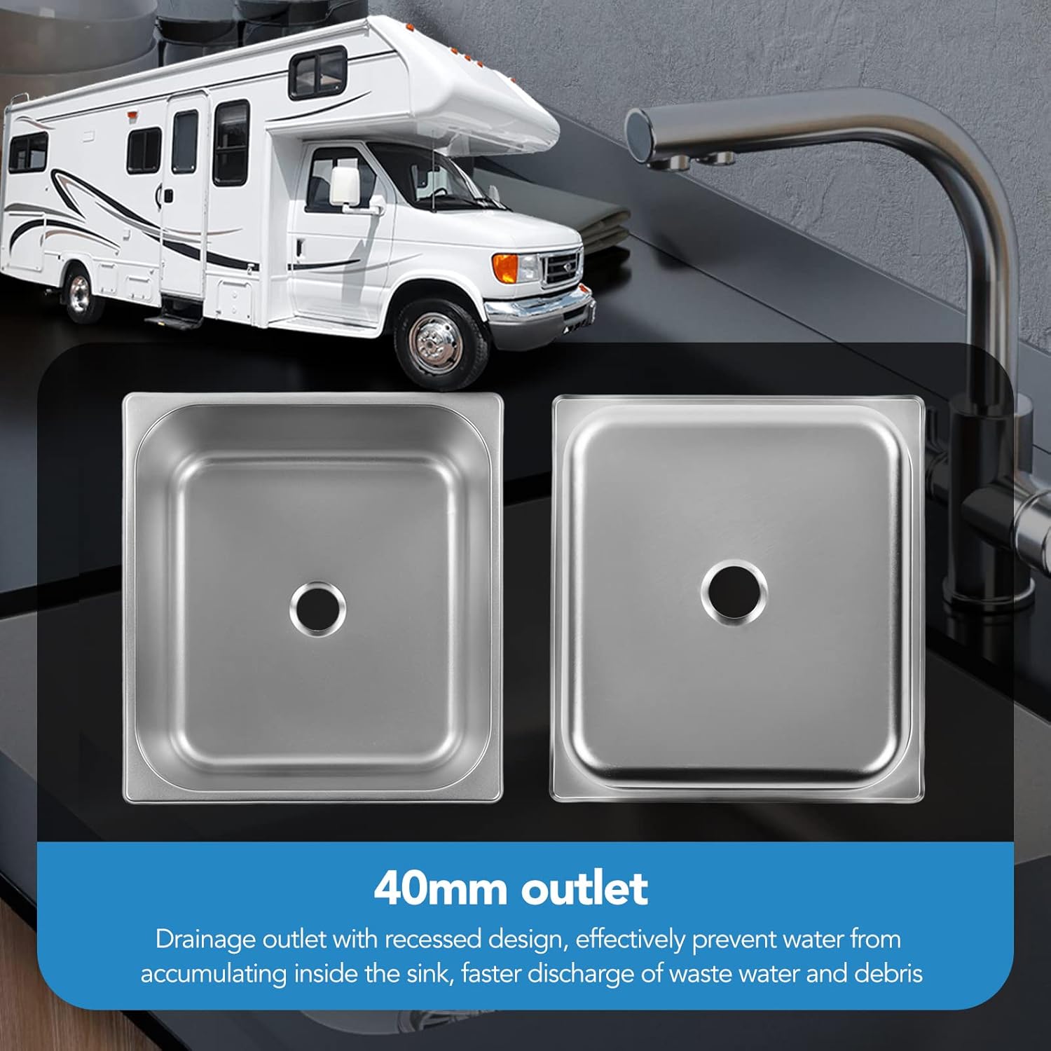 Undermount Sink, 304 Stainless Steel RV Sink 330x300x150mm with 40mm Drain Port, for RV Boat Kitchen Bathroom