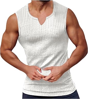 Mens Ribbed Tank Top Cut V Neck Sleeveless Comfy Tanks Fitness Training Sport Swim T-Shirt Sport Outdoor Beach Vest