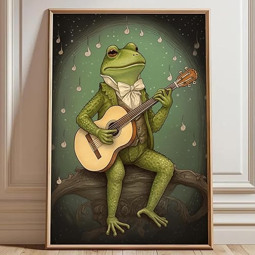 Arte de pared retro de rana divertida, imágenes de animales, retrato, póster de música divertida, lienzo de guitarra de animales, arte de pared,
