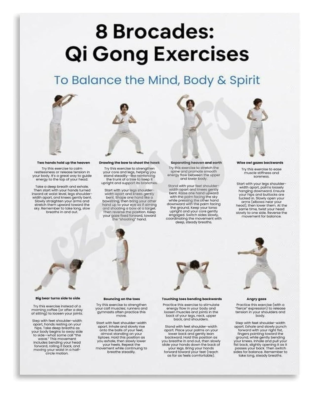 EKFBQBGW Qi Gong Exercises Poster Ba Duan Jin for Stress and Wellness Home Office Inspirational Art Unframed,08x12inch(20x30cm)