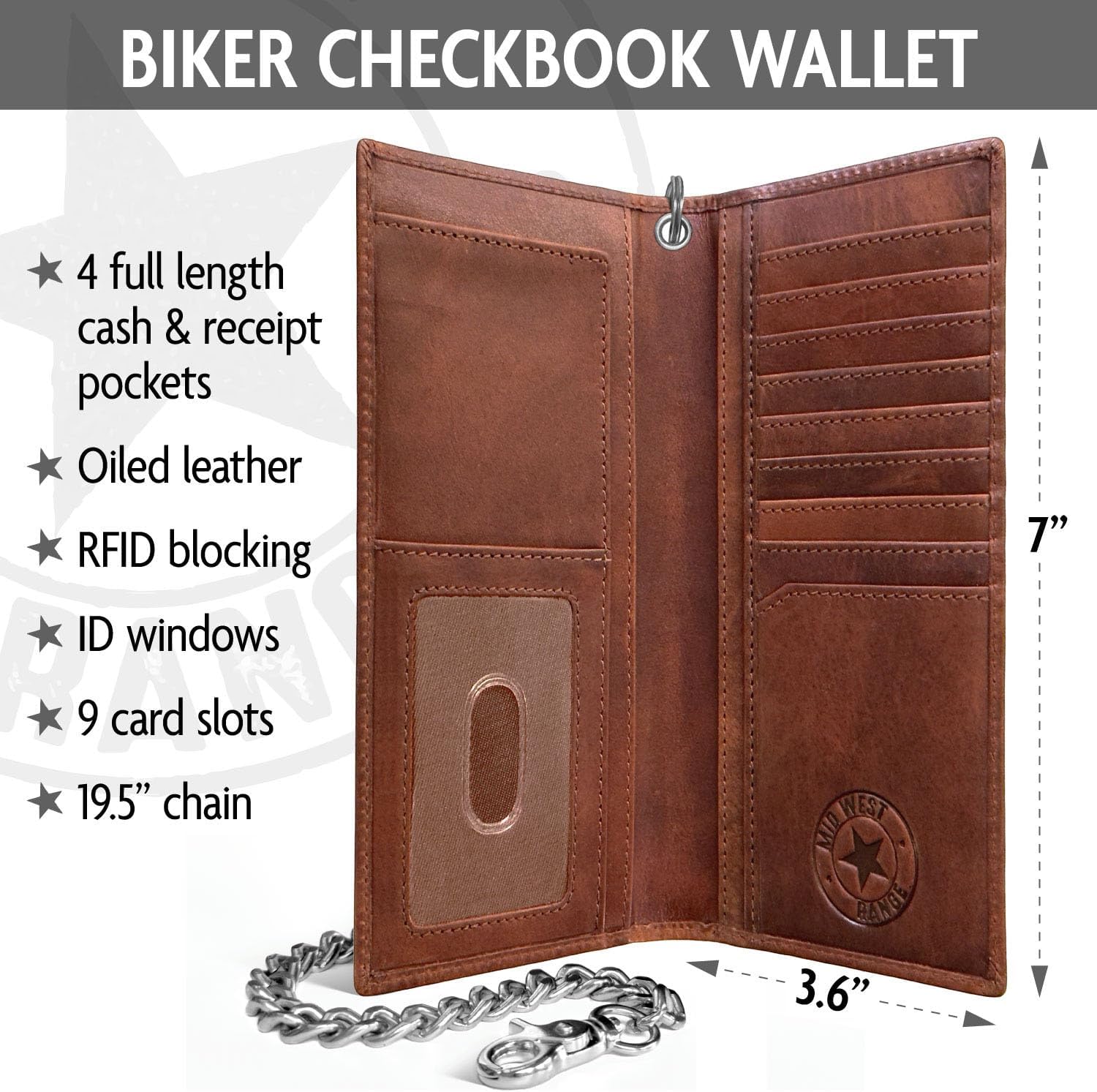 Tall Wallet with Chain for Men, Patriotic Biker – Distressed Brown Leather, RFID Blocking, 10 Card Slots with ID Holder, Embossed Motorcycle & American Flag Design, 100% Leather, Ideal Gift for Bikers - Image 5