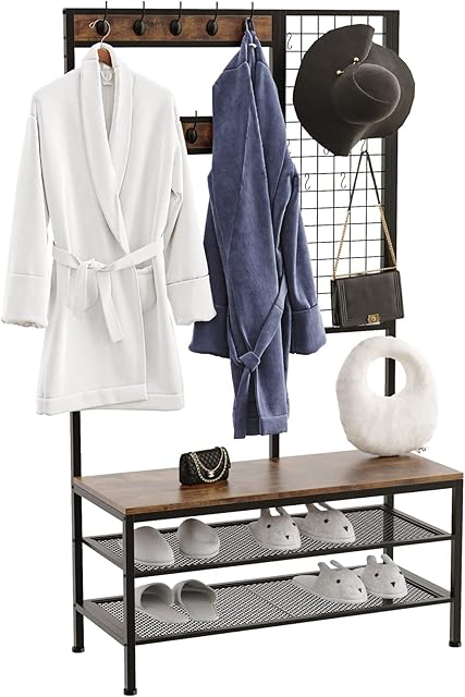 Dripex Large Coat Rack Stand with 9 Hooks, 10 S Hooks, Industrial Coat Stand with Shoes Bench Metal Frame for Bedroom Living Room Hallway 97x40x186cm