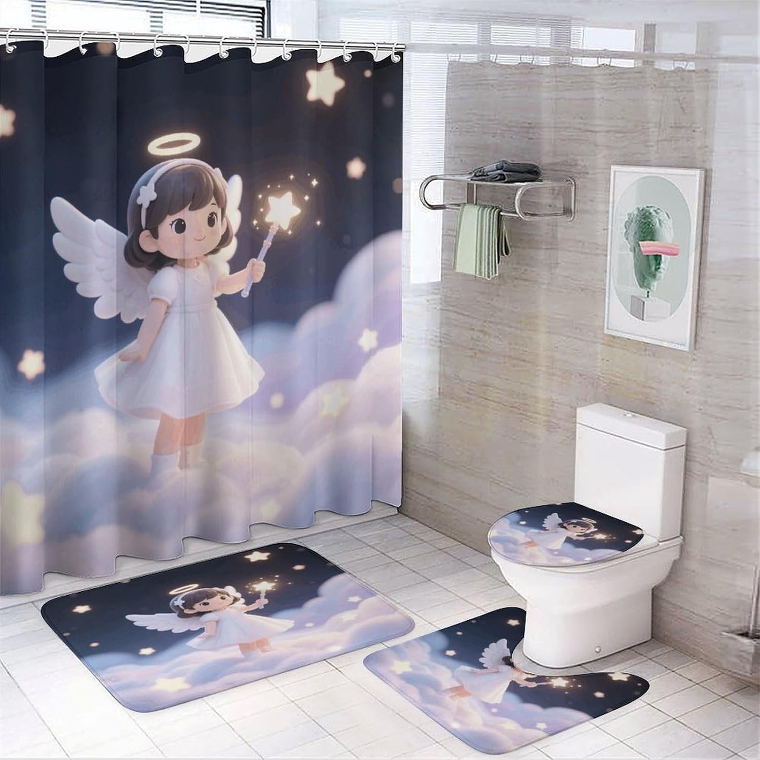 Little Angelic Bathroom Rugs Sets 4 Piece | Shower curtain sets, non-slip absorbent soft flannel bath mat, u-shaped toilet mat & lid cover, bathroom decor accessories