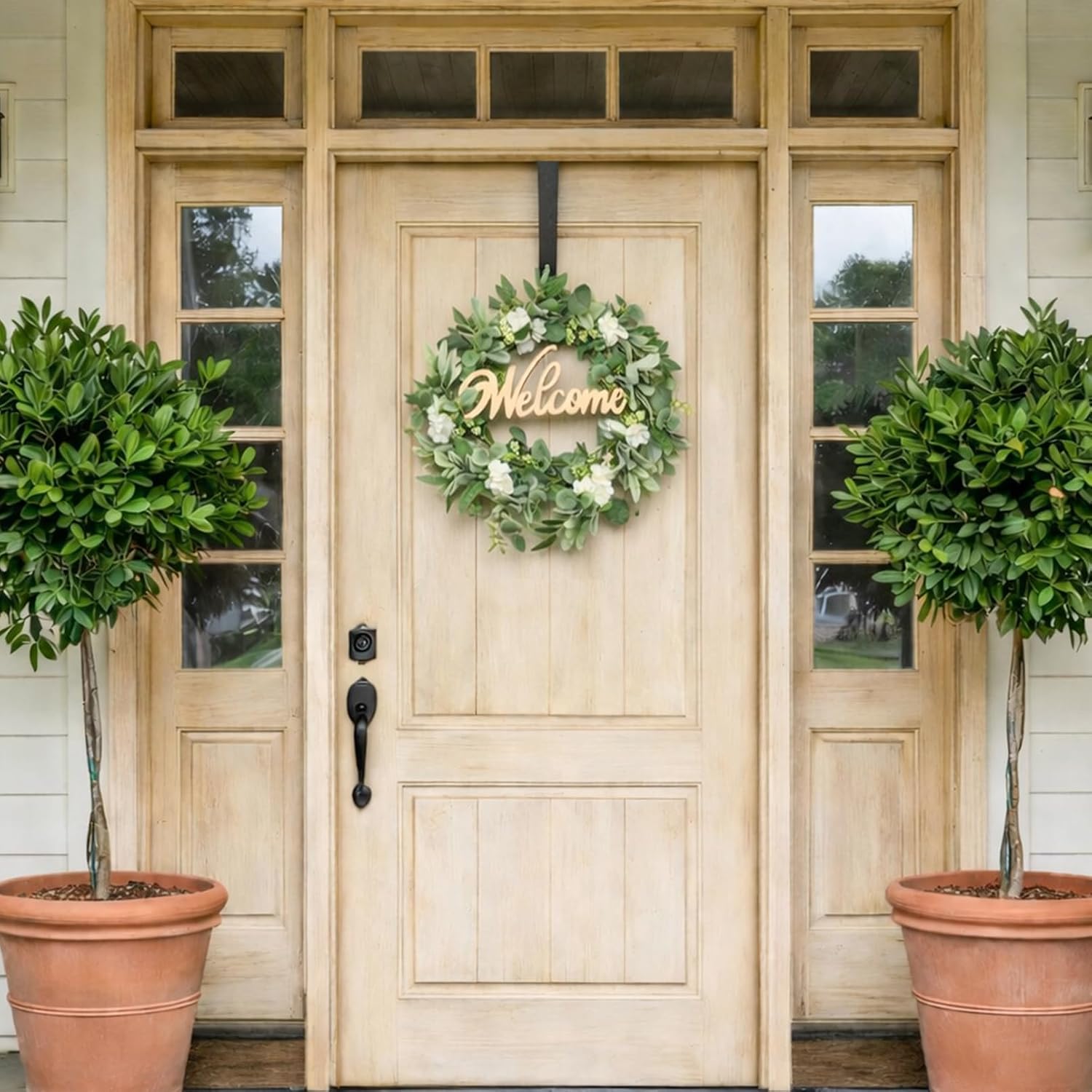 Heleze Front Door Wreath with Welcome Sign 18'' Eucalyptus Wreath | Artificial Eucalyptus, Faux Greenery, Wildflower, Indoor Outdoor, Farmhouse Style, Spring, Summer, Year Round All Season