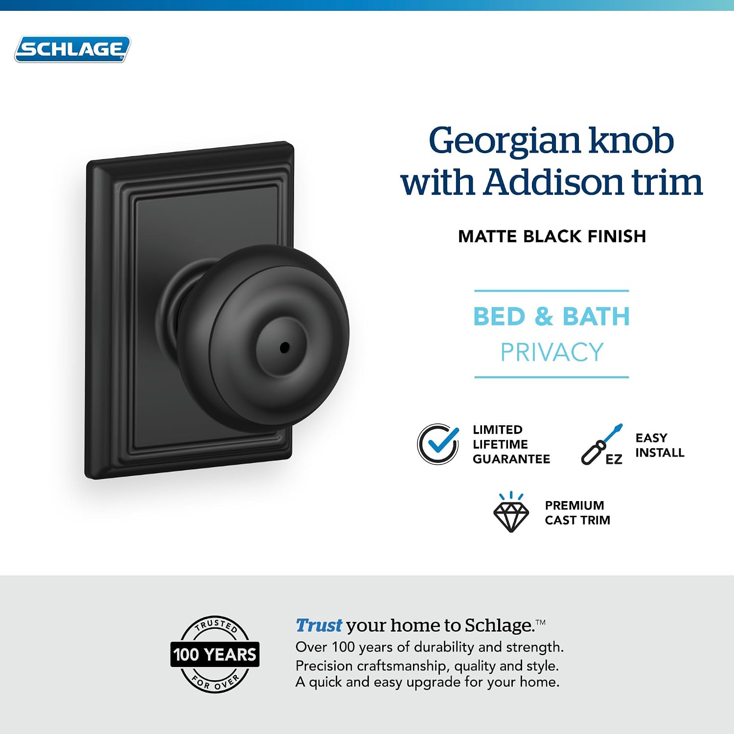 Schlage F40 GEO 622 ADD Georgian Door Knob with Addison Trim, Bed & Bath Privacy Lock, Matte Black