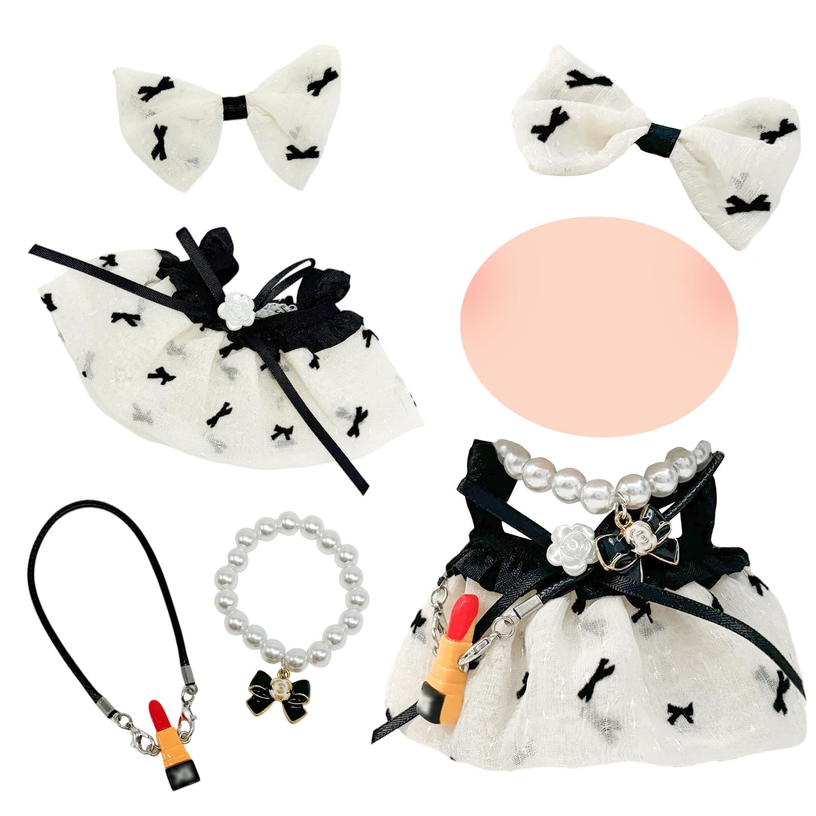 Kleidung für 17cm Puppe, 5 Stück 17cm Plüsch Puppenkleidung Set, Mini Plüsch Schwarz Puppenkleidung Outfit, Tüllrock mit Schleife+Haarnadel+Perlenkette+Anhänger, Geeignet für Mädchen (Ohne Puppe)